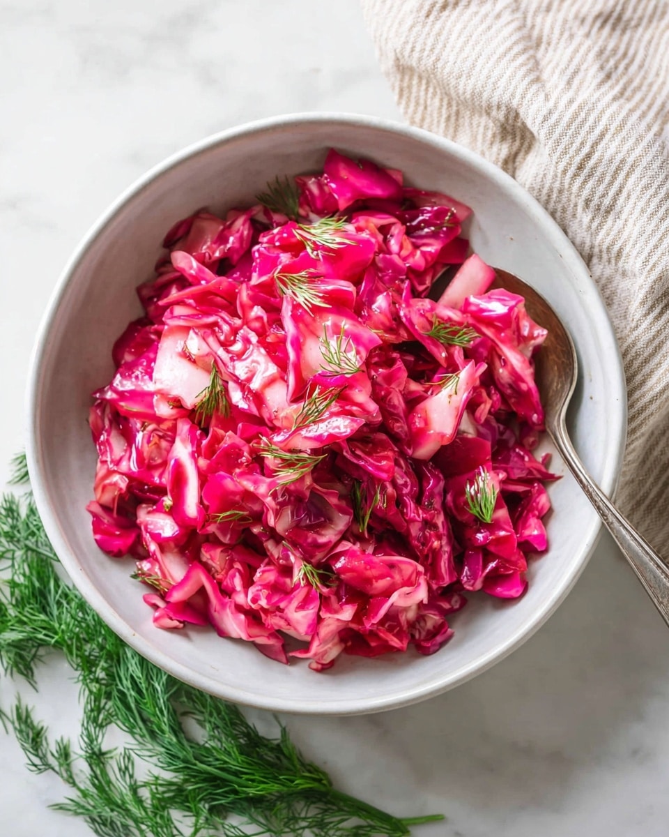 A close-up of a white bowl filled with bright pink cabbage salad that has white streaks and a glossy texture, mixed with small green dill sprigs scattered on top. The cabbage pieces are cut into irregular small chunks, creating a layered, slightly shiny look. A silver spoon is partially visible inside the bowl on the right side. The bowl is placed on a white marbled surface with some sprigs of fresh dill lying beside it, and a beige striped cloth in the upper right corner. photo taken with an iphone --ar 4:5 --v 7