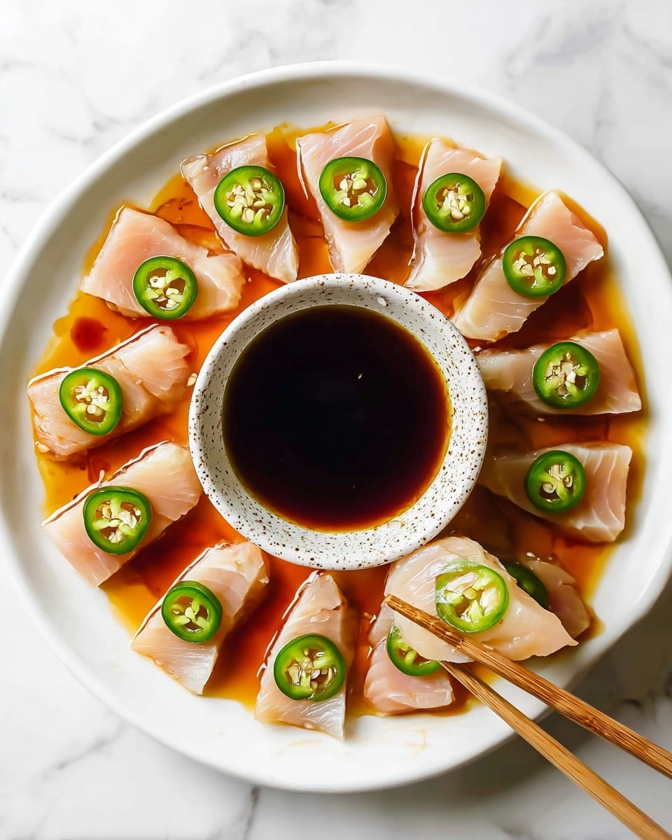 A white round plate with a circle of thin pinkish slices of fish arranged around the edge, each topped with a bright green slice of jalapeño. The fish slices rest on a pool of dark brown sauce that spreads slightly on the plate. In the center, a small white bowl contains more dark brown sauce. A pair of brown chopsticks held by a woman's hand with colorful nail art is picking up one fish slice with a jalapeño on top. The background is a white marbled texture with a soft cream cloth draped on the upper left side. photo taken with an iphone --ar 4:5 --v 7