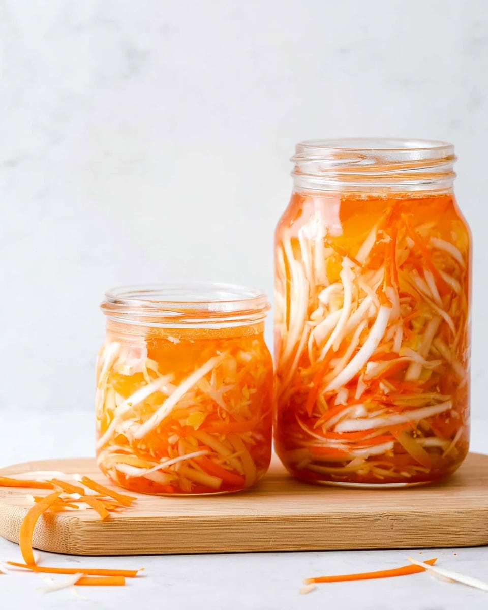 Two glass jars filled with thin, julienned strips of white and orange vegetables, likely daikon radish and carrot, packed tightly inside with a vibrant orange liquid visible between the layers. The shorter jar sits to the left, and the taller jar is on the right, both positioned on a light wooden cutting board. Some loose strips of the vegetables are scattered around the base of the jars on the board. The background is a clean, white marbled texture, giving a bright and fresh look. Photo taken with an iphone --ar 4:5 --v 7