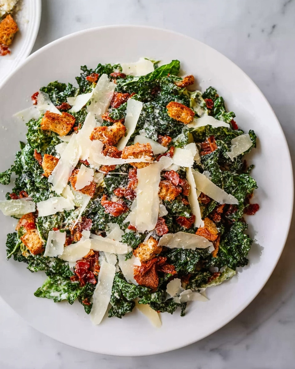 A white round plate holds a kale Caesar salad with several layers: the bottom layer is dark green kale leaves coated lightly in creamy dressing; scattered on top are small crispy brown croutons and bits of reddish-brown bacon; the dish is finished with thin, white to pale yellow shavings of Parmesan cheese spread evenly across the salad. The plate sits on a white marbled surface. photo taken with an iphone --ar 4:5 --v 7