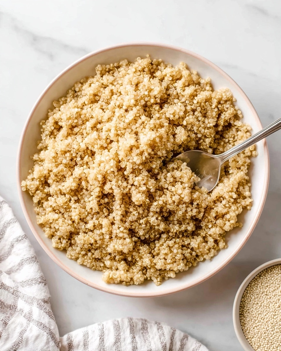 A close-up top view of a single layer of cooked quinoa covering a white bowl, with fluffy, tiny grain clusters in light beige color piled all over. A silver spoon with a simple design is placed inside the bowl, mostly submerged on the right side, and a white marbled surface is beneath the bowl. There is a white and gray striped cloth partially visible at the bottom left corner, and a small round container filled with uncooked white quinoa seeds is on the top right, just outside the bowl. Photo taken with an iphone --ar 4:5 --v 7
