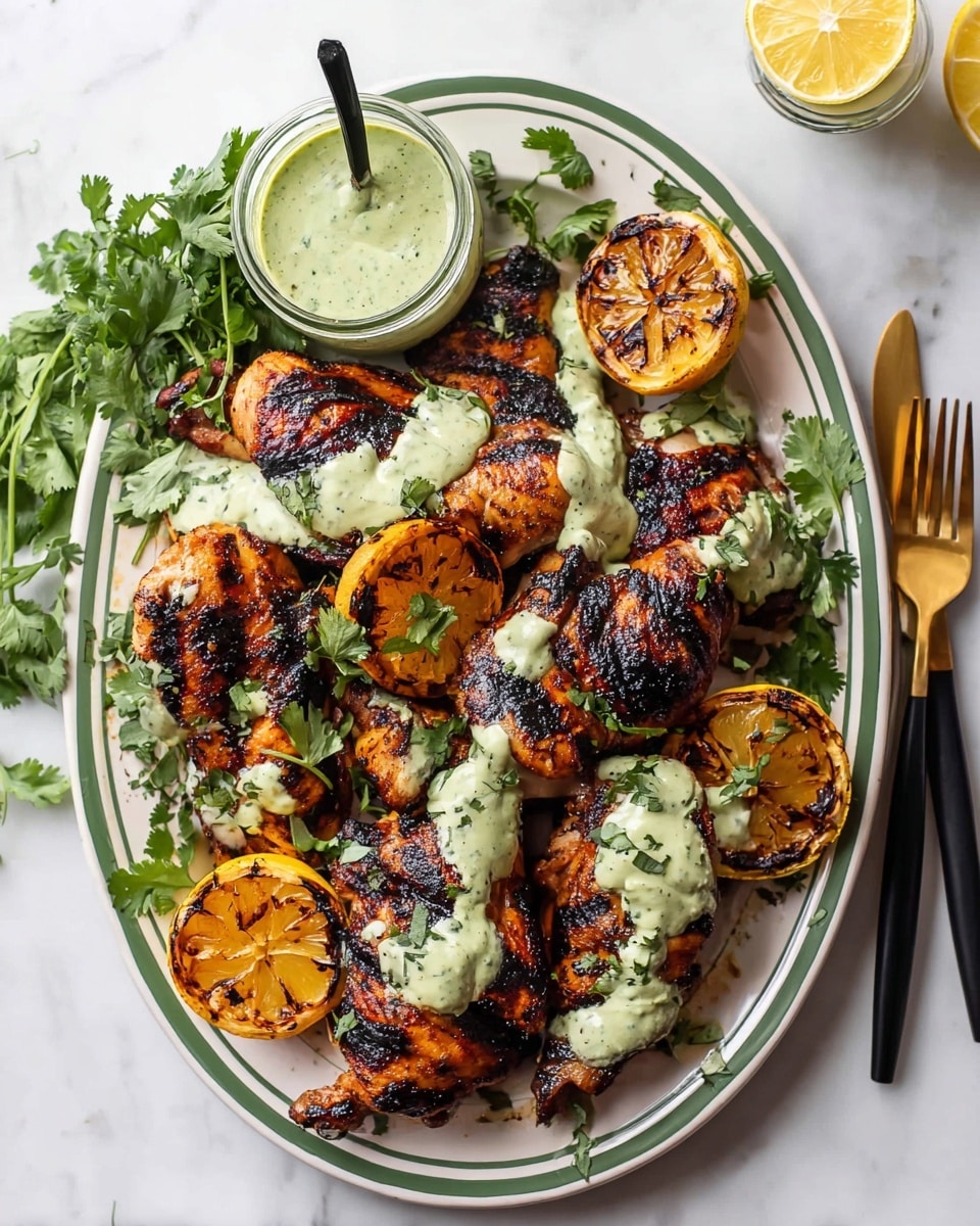 A white oval plate with green stripes holds several pieces of grilled chicken with dark char marks and a golden brown color, arranged in a loose pile. The chicken pieces are drizzled with a pale green creamy sauce speckled with herbs, and garnished with fresh green cilantro leaves scattered across the meat. Two charred lemon halves are placed among the chicken pieces, adding a pop of bright yellow and brown. A small glass jar of the same green sauce with a black spoon sits near the top left of the plate, surrounded by more fresh cilantro. Two gold forks with black handles rest on the right side of the plate on a white marbled surface. photo taken with an iphone --ar 4:5 --v 7