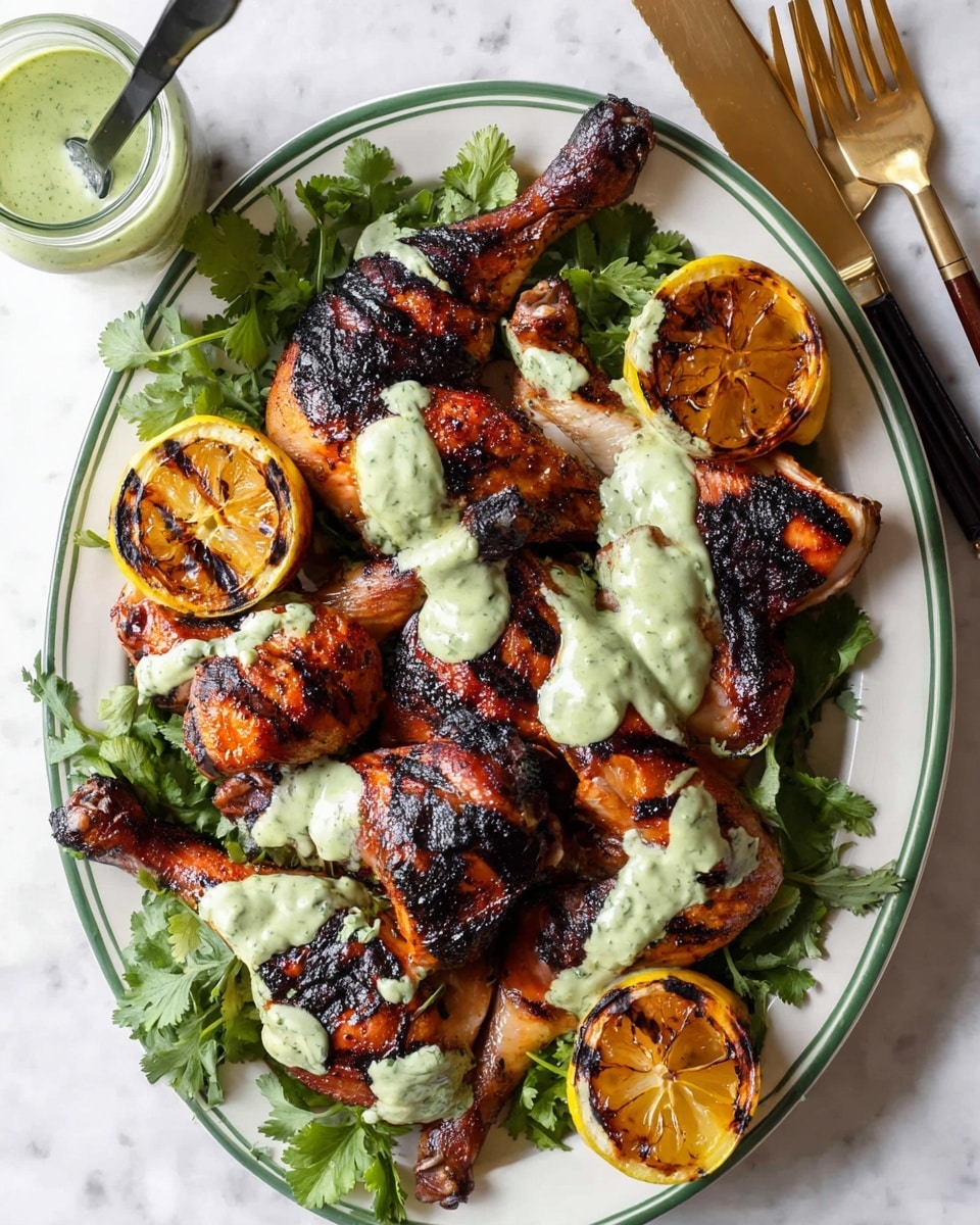 A white oval plate with a green rim holds several pieces of grilled chicken with deep char marks, showing a mix of blackened and golden-brown skin. The chicken is cut into different parts: legs, wings, and breasts, arranged closely on a bed of fresh green cilantro leaves. Dollops of creamy pale green sauce with flecks of herbs are drizzled over the chicken in uneven patches. Two halves of grilled lemon with dark grill marks sit on the edges, adding bright yellow and brown contrast. A small glass jar filled with more pale green sauce and a black spoon inside is placed near the top left of the plate. A set of gold fork and knife rest on the right side of the plate, on a white marbled surface beneath. photo taken with an iphone --ar 4:5 --v 7
