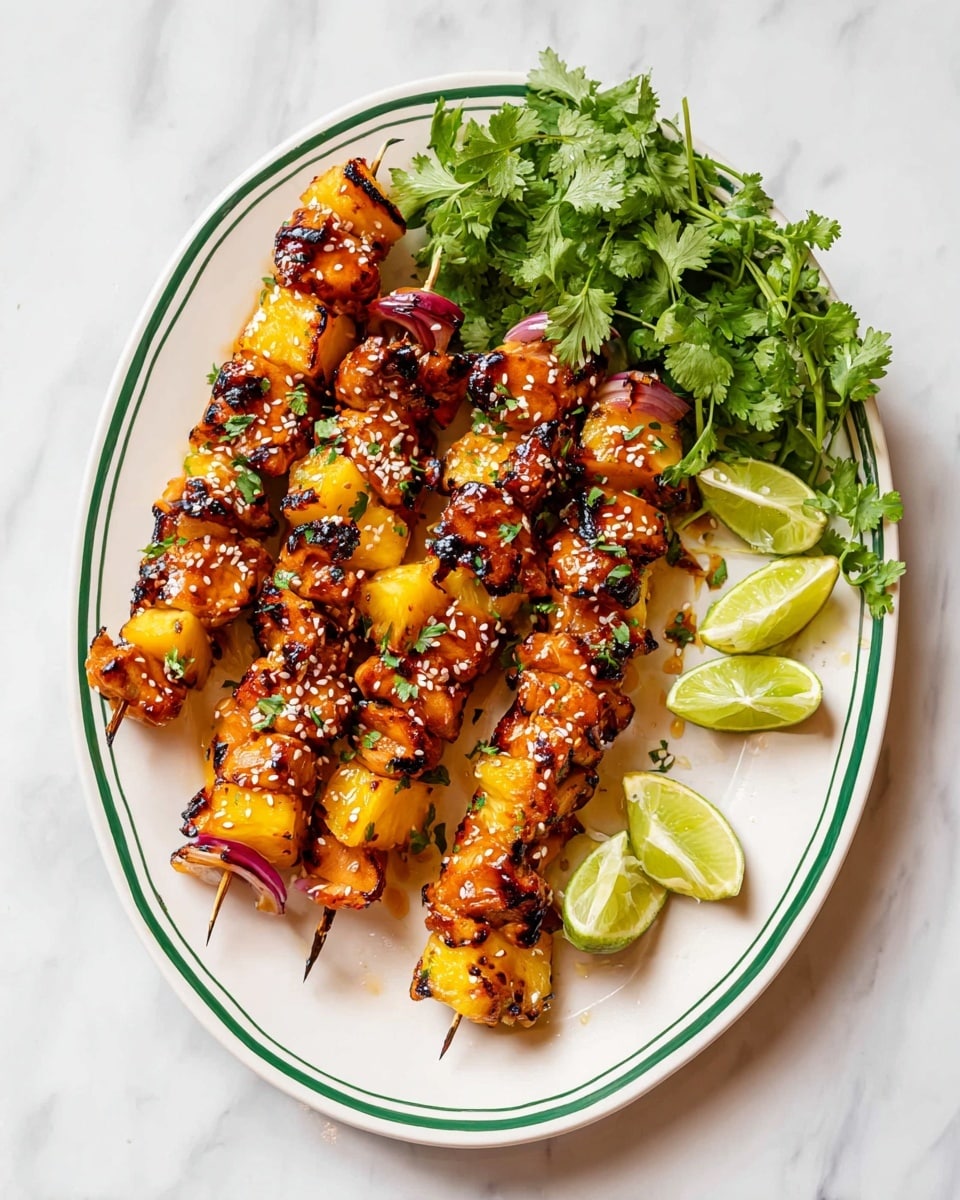 A white oval plate with a green rim holds five skewers of grilled chicken pieces that are golden brown with charred spots, mixed with chunks of bright yellow pineapple and bits of purple onion, all covered in a shiny glaze and sprinkled with white sesame seeds. On the right side of the plate, there are fresh green cilantro leaves and four lime wedges with light yellow-green flesh. The plate rests on a white marbled surface. Photo taken with an iphone --ar 4:5 --v 7