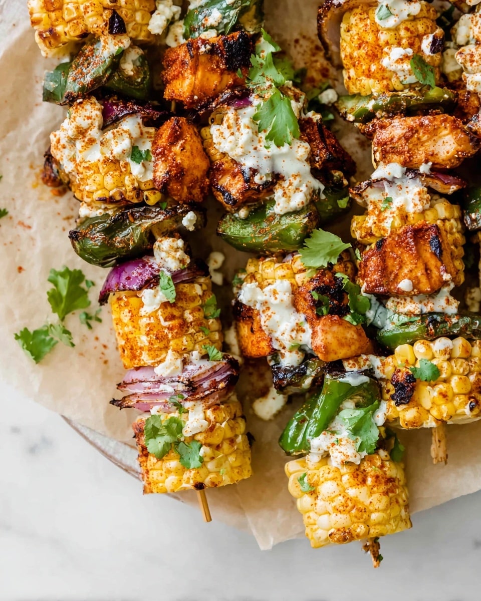 A close-up view of several skewers arranged on a round white plate lined with parchment paper on a white marbled surface. Each skewer has four main layers: grilled golden corn chunks with slightly charred edges, deep orange-brown small pieces of grilled chicken, green roasted jalapeño peppers, and fresh green cilantro leaves. There are also bits of grilled red onion adding purplish color between the layers. The skewers are topped with a crumbly white cheese sprinkled with a reddish paprika-like seasoning. Some melted cheese drips are visible over the chicken and corn, creating a creamy texture contrast. photo taken with an iphone --ar 4:5 --v 7