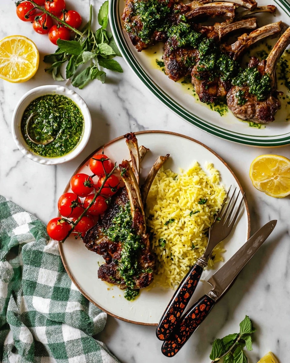 A white plate holds two grilled lamb chops topped with a bright green herb sauce, placed next to a small bundle of fresh red cherry tomatoes on the vine. Beside the lamb and tomatoes, there is a serving of yellow rice with a fluffy texture. A fork and knife with patterned dark handles rest on the plate’s right side. To the top right, a large white oval plate with a green rim is filled with several grilled lamb chops, all covered with the same green herb sauce. There is a small white bowl with the herb sauce on the large plate. Fresh green herbs and halves of yellow lemons are scattered around the dishes on a white marbled surface, along with a cloth napkin in a checkered green and white pattern. photo taken with an iphone --ar 4:5 --v 7