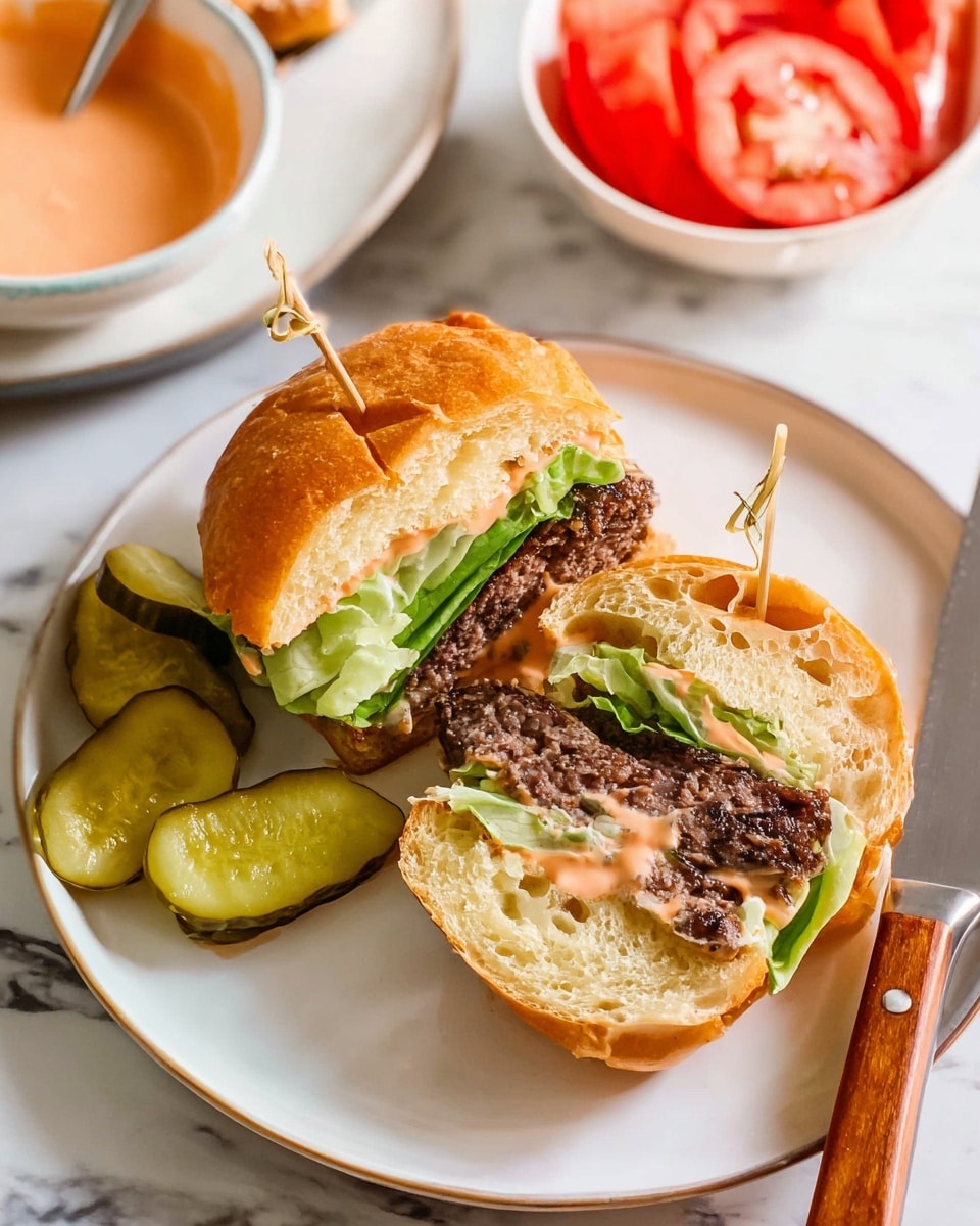 A white plate holds a burger cut in half with two wooden picks through each half; the burger has a top and bottom golden brown bun with a soft texture and some holes, two layers of green lettuce leaves, a juicy dark brown grilled beef patty, and a layer of pinkish-orange sauce spread on the top bun. Next to the burger on the plate are thin slices of green pickles. To the side of the plate is a white bowl with sliced red tomatoes and more green pickles. A knife with a wooden handle rests next to the burger on the plate. The whole scene sits on a white marbled surface. photo taken with an iphone --ar 4:5 --v 7