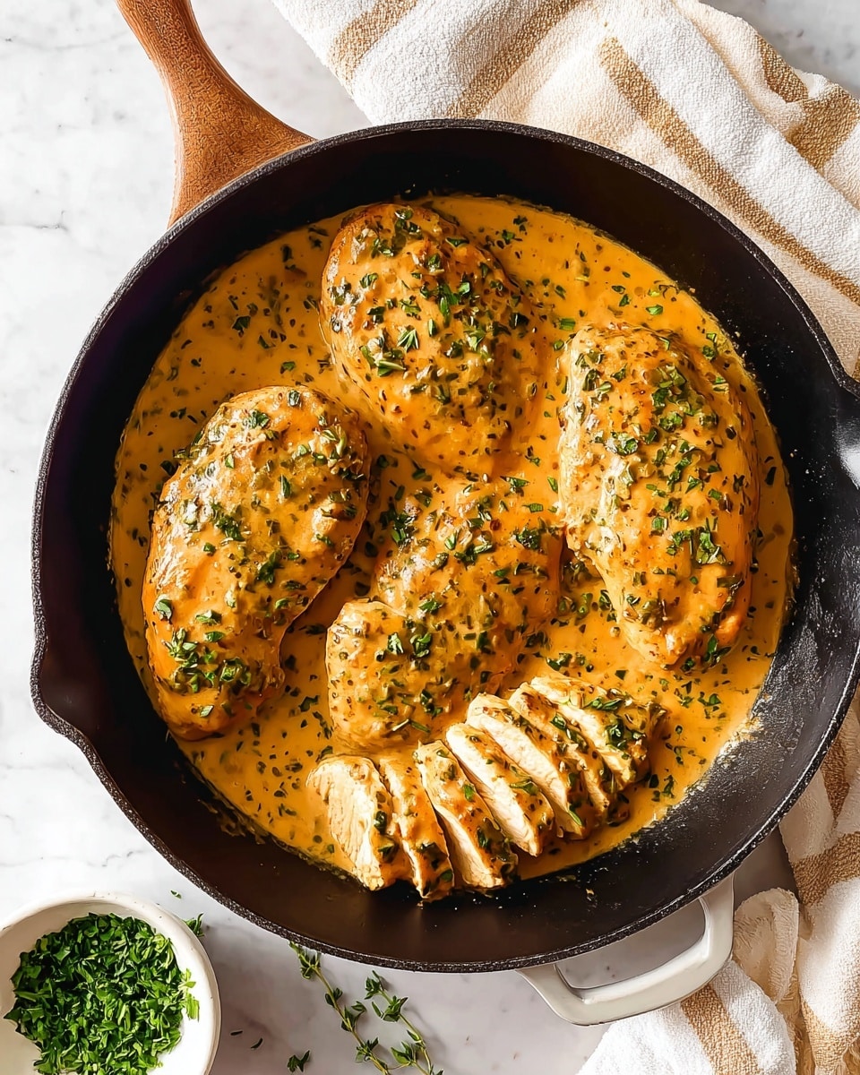 A black skillet with a brown handle contains four chicken breasts covered in a creamy orange sauce with green herb pieces mixed throughout. Three whole chicken breasts are on the top half of the skillet, and one chicken breast is sliced into five pieces on the bottom right. The sauce is thick, filling the bottom of the skillet, and coats the chicken evenly. A small white bowl with chopped green herbs sits to the lower left of the skillet, all placed on a white marbled texture surface with a beige and white striped cloth nearby. photo taken with an iphone --ar 4:5 --v 7