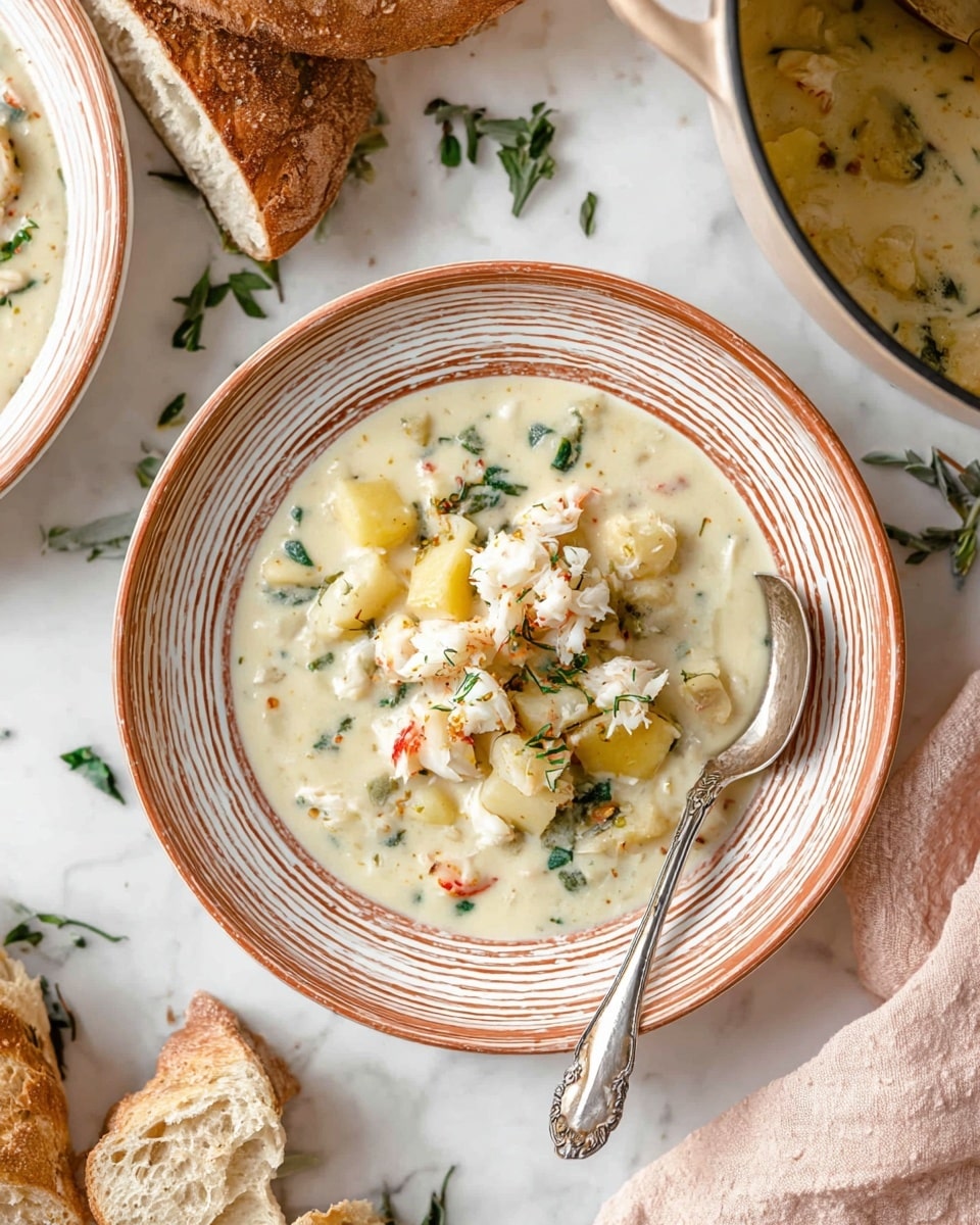 A close-up view of a creamy white chowder served in a white plate with a terracotta rim and spiral texture; the chowder has a thick texture with small cubed pieces of potato and white seafood chunks, topped with a generous heap of white crab meat chunks and scattered green herb leaves on top, a shiny silver spoon rests on the right edge of the plate. Surrounding the plate on a white marbled surface are torn pieces of rustic bread, green herb sprigs, a light pink cloth, and a pot filled with more chowder partially visible at the top right. photo taken with an iphone --ar 4:5 --v 7