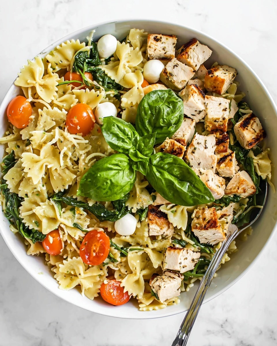 The image shows a white bowl filled with a pasta salad made of three layers: the base layer is light yellow farfalle pasta mixed evenly throughout, the middle layer includes green spinach leaves, red-orange cherry tomato halves, and small white mozzarella balls, while the top layer is made of grilled chicken cubes with light brown grill marks spread across the salad. On top, there are fresh green basil leaves placed slightly off-center, and a silver fork resting inside the bowl on the right side. The background is a white marbled texture. photo taken with an iphone --ar 4:5 --v 7