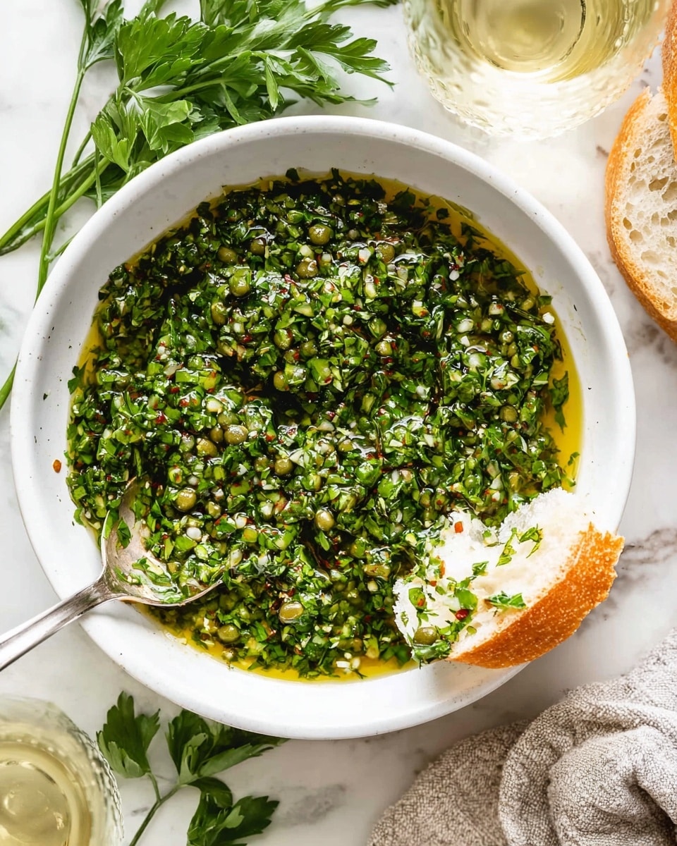 A white bowl filled with a green herb mixture that looks finely chopped and mixed with olive oil, creating a shiny texture with small bits of green leaves and some visible capers; the mixture covers most of the bowl, with a spoon resting inside on the left side and a piece of sliced white bread partially dipped on the right edge of the bowl. The bowl is placed on a white marbled surface, with fresh parsley sprigs at the top and slices of white bread nearby, along with a fabric napkin and a glass of light-colored liquid in the corner. photo taken with an iphone --ar 4:5 --v 7