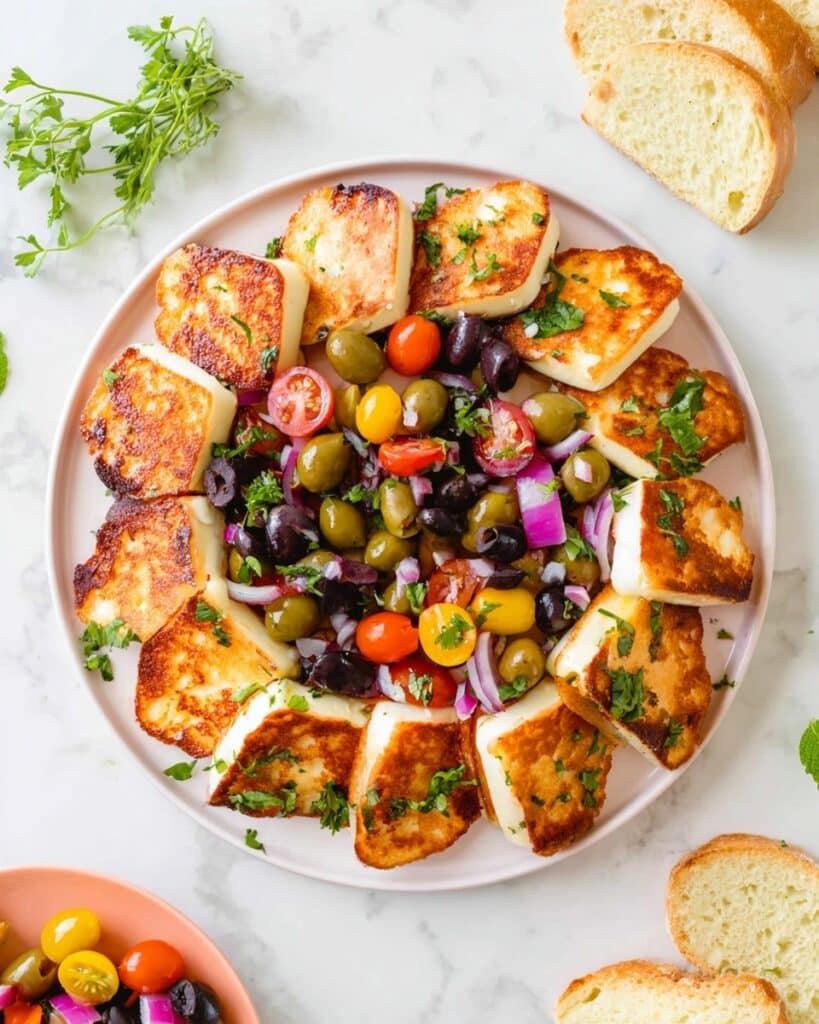 Easy Fried Halloumi with Tomato and Olive Salad Recipe