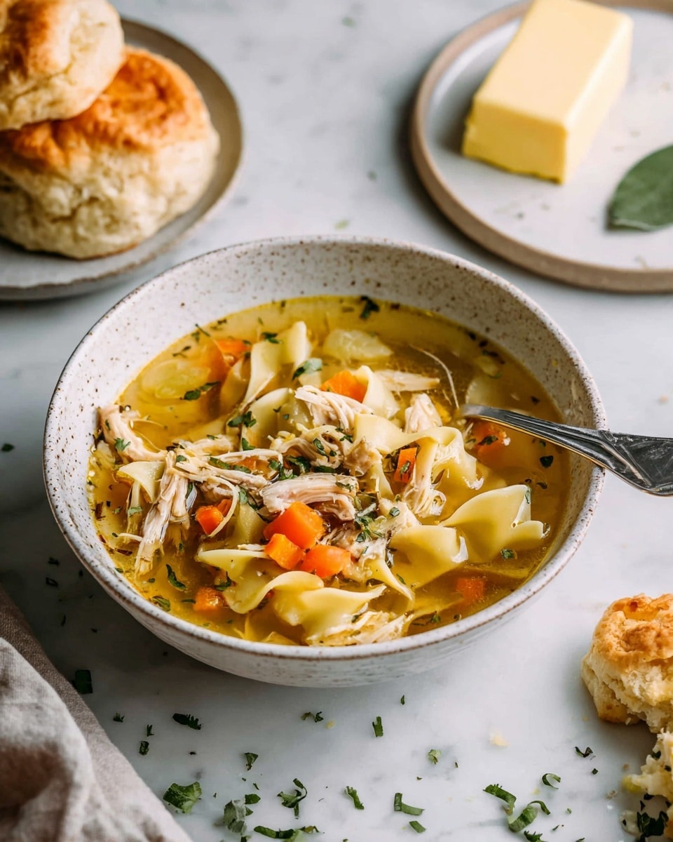 A white speckled bowl with a brown rim holds chicken noodle soup featuring three main layers: the top layer has tender shredded light brown chicken and scattered parsley leaves, the middle layer shows thick flat egg noodles in pale beige, and the bottom layer contains diced yellow potatoes and small orange carrot pieces all soaking in clear golden broth with specks of herbs. A silver spoon rests inside the bowl on the right side. Nearby, a white speckled plate holds a block of pale yellow butter with a green parsley sprig, another white speckled dish has a golden brown bread roll, and some fresh parsley leaves are scattered on the white marbled surface. photo taken with an iphone --ar 4:5 --v 7