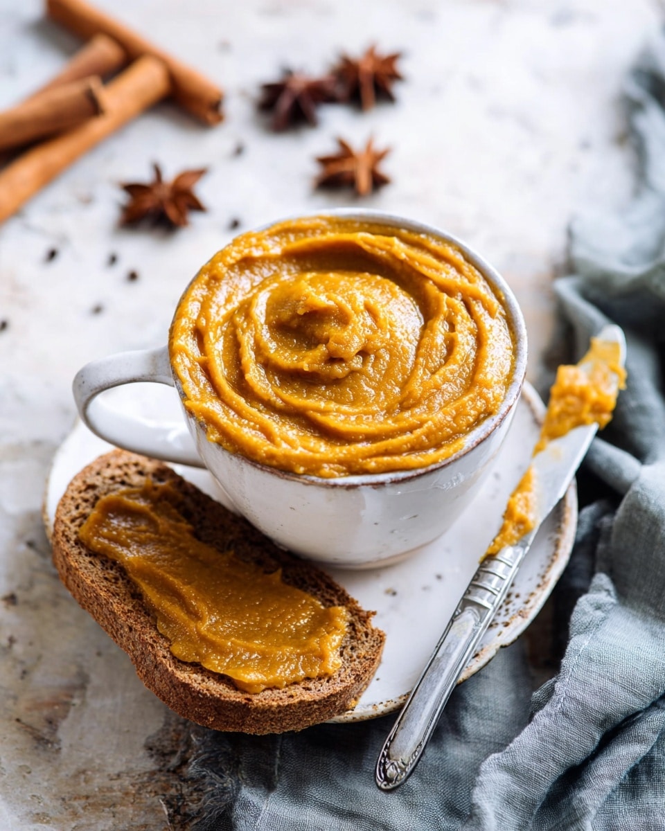 A white cup filled with smooth, thick orange pumpkin spread, swirled on top showing a creamy texture, sits on a white plate with a slightly textured surface. Next to the cup is a slice of brown bread spread with the same pumpkin mixture. Behind is a knife with some pumpkin spread on its blade. In the background, cinnamon sticks and star anise spices rest on the white marbled texture surface. A soft gray cloth is placed to the right of the scene. Photo taken with an iphone --ar 4:5 --v 7