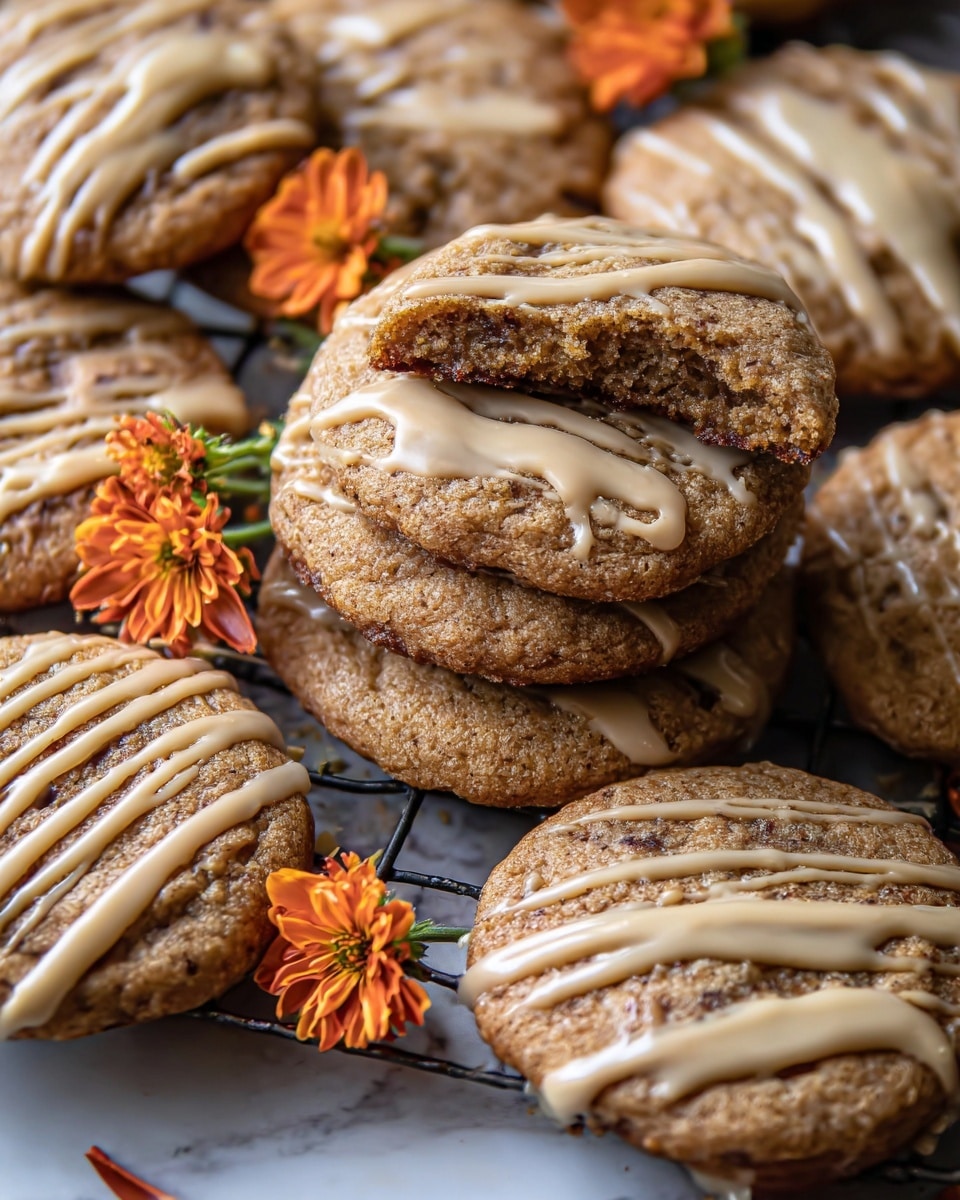 A group of soft, round cookies with a golden brown color and slightly darker spots show a textured, moist surface. Some cookies are stacked in two or three layers, while others are placed singly, with a thick drizzle of light tan icing in irregular lines and blobs over the top. One cookie is broken in half at the bottom right corner, showing a dense, chewy inside. Small, bright orange flowers with green stems peek out from the cookies, adding a pop of color. The cookies rest on a wire rack over a white marbled surface. photo taken with an iphone --ar 4:5 --v 7