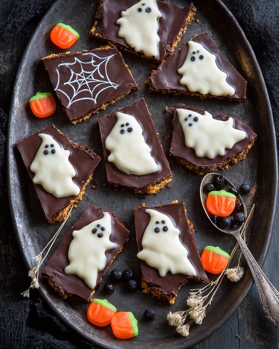 The image shows a baking tray filled with nine pieces of Halloween-themed chocolate-topped bars, each cut into different shapes like triangles, diamonds, and rectangles. Each bar has three layers: a rough golden-brown base layer, a smooth dark brown chocolate middle layer, and a white, creamy ghost shape with two small black dot eyes on top, with one piece displaying a white spider web design. Scattered around the bars are small orange pumpkin-shaped candies covered in sugar and silver sprinkles. The tray rests on a white marbled surface, and a silver spoon holding two pumpkin candies and silver sprinkles is placed on the tray. Dried flowers and a red-purple flower add a decorative touch on the top right corner. Photo taken with an iphone --ar 4:5 --v 7