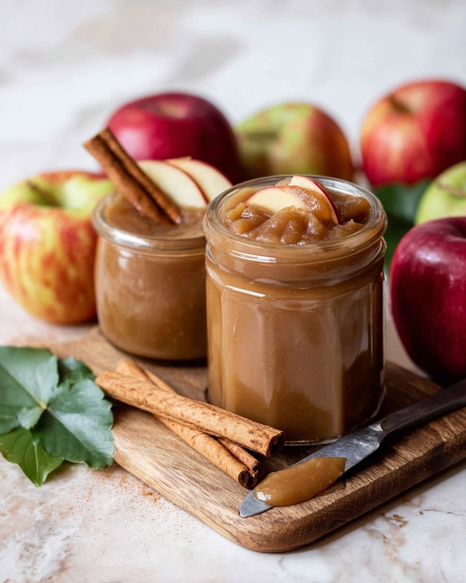 The image shows a glass jar filled with smooth, chunky brown apple butter, topped with visible apple slices inside the jar. A cinnamon stick rests on the jar's rim. Behind it, there is a smaller glass jar also filled with apple butter. To the right of the jars, fresh red and yellow apples with green leaves are arranged, adding bright color contrast. In front of the jar, on a rustic wooden board, lies a butter knife with a small spread of apple butter near its tip. The entire setup is placed on a white marbled surface with soft lighting highlighting the textures and colors. Photo taken with an iphone --ar 4:5 --v 7