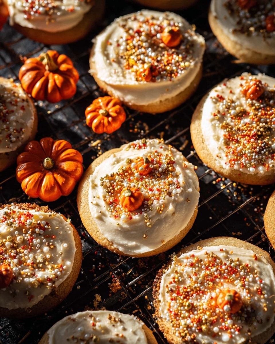 The image shows seven round cookies on a black wire rack placed over a white marbled texture. Each cookie has one layer of light brown, slightly textured base, topped with a thick, uneven layer of creamy white frosting. On top of the frosting, there are various orange, white, and gold sprinkles scattered, including small rods, balls, and tiny pumpkin shapes adding a festive touch. Around the cookies, there are small dark orange and shiny pumpkin-shaped decorations. Warm lighting creates bright highlights and shadows, enhancing the cozy, autumn feel of the scene. photo taken with an iphone --ar 4:5 --v 7