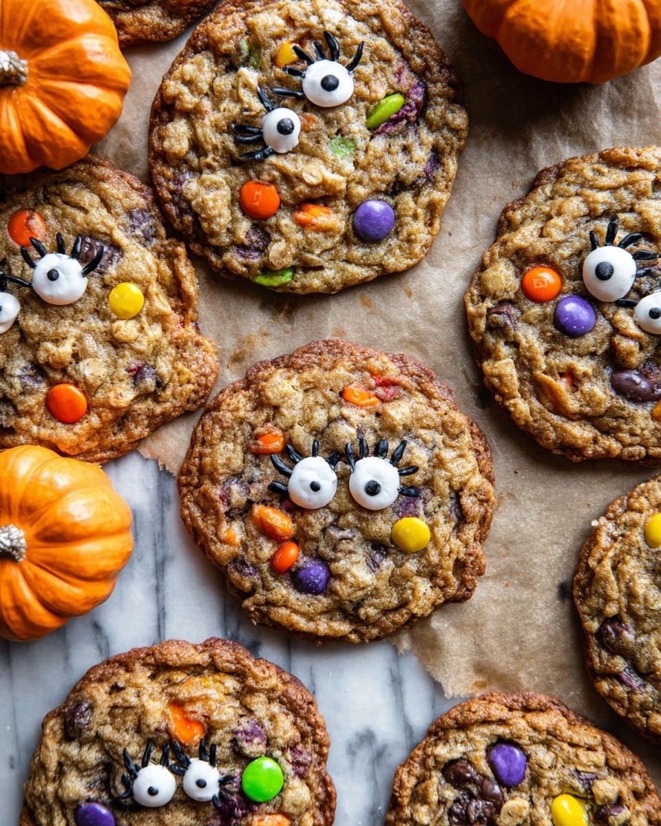 The image shows several round, chewy oatmeal cookies with colorful candy pieces embedded in the dough. Each cookie is speckled with orange, yellow, purple, and green candies, along with white candies decorated to look like eyes with black lashes, giving them a fun, spooky look. The cookies have a golden-brown color with darker, slightly crispy edges, and a soft, textured center showing oats and melted chocolate. They are arranged closely on parchment paper over a white marbled surface. Small orange decorative pumpkins are placed around the cookies to add a festive touch. photo taken with an iphone --ar 4:5 --v 7