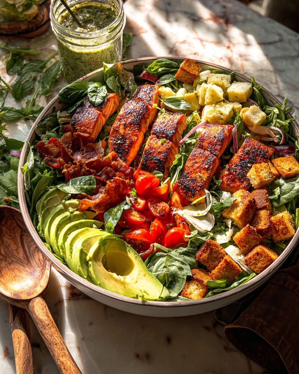 The image shows a large white bowl filled with a colorful grilled salmon salad. The base layer is fresh green leafy vegetables spread out evenly. On top, there are five grilled salmon fillets with a charred, golden-brown crust. Around the fish, sliced avocado pieces with a smooth texture and bright green color are placed on one side, and halved cherry tomatoes with a glossy red look are in the center. Crispy brown bacon strips are arranged near the edges, along with light brown croutons scattered throughout. Small cubes of pale yellow cheese are mixed in, and fresh basil leaves add a splash of green over everything. A wooden spoon leans against the side of the bowl, and a jar of green herb dressing sits in the background on a white marbled surface. The scene is lit warmly with natural sunlight. Photo taken with an iphone --ar 4:5 --v 7