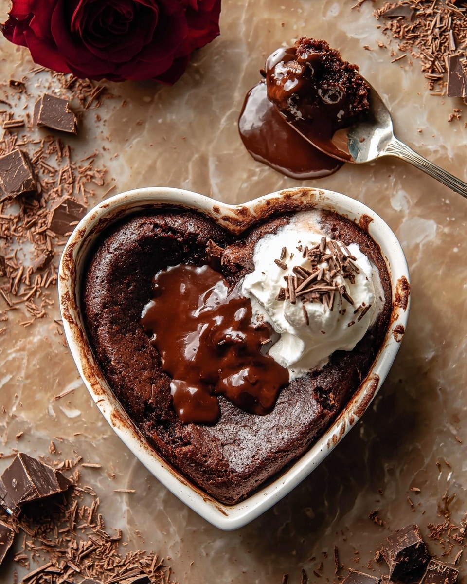 A heart-shaped brownie with a glossy dark brown top layer that looks soft and gooey, placed in a white heart-shaped dish with slightly browned edges. The brownie has melted chocolate drizzled over it, pooling in some areas, and a dollop of white cream topped with chocolate shavings rests on the right side. Next to the dish, a spoon holds a bite of the rich brownie dripping with melted chocolate. Above the dish, a dark red rose lies on a white marbled surface scattered with broken chocolate pieces and shavings, creating a warm, rich, and romantic feel. Photo taken with an iphone --ar 4:5 --v 7