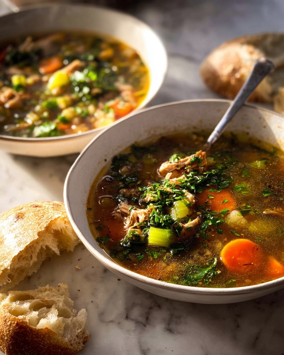 Two white bowls filled with steaming soup sit on a white marbled surface. The soup has visible layers including orange carrot slices, light green celery pieces, dark green leafy herbs scattered on top, shredded chunks of chicken, and a clear brownish broth. One bowl is in the front with a spoon resting inside and a piece of torn bread next to it showing a soft, airy texture inside and a golden crust. The other bowl is slightly behind and blurred, also filled with the same soup topped with herbs. Soft warm light highlights the steam rising from the bowls. Photo taken with an iphone --ar 4:5 --v 7