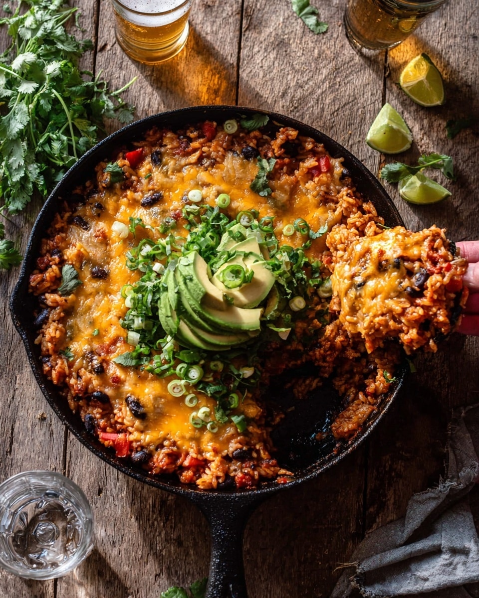 A black skillet filled with a layered dish, starting with a base of cooked rice mixed with red tomato pieces and black beans, topped generously with melted golden-brown cheese that covers the entire surface. On top of the cheese, in the center, there are sliced green avocado pieces, chopped green onions, and bright green chopped cilantro, adding fresh color. The skillet is set on a rustic wooden surface with a glass of light beer and a glass of water nearby, along with a half-sliced lime and some fresh herbs. A woman's hand is pulling out a cheesy, saucy scoop from the skillet, showing the layers well. Photo taken with an iphone --ar 4:5 --v 7