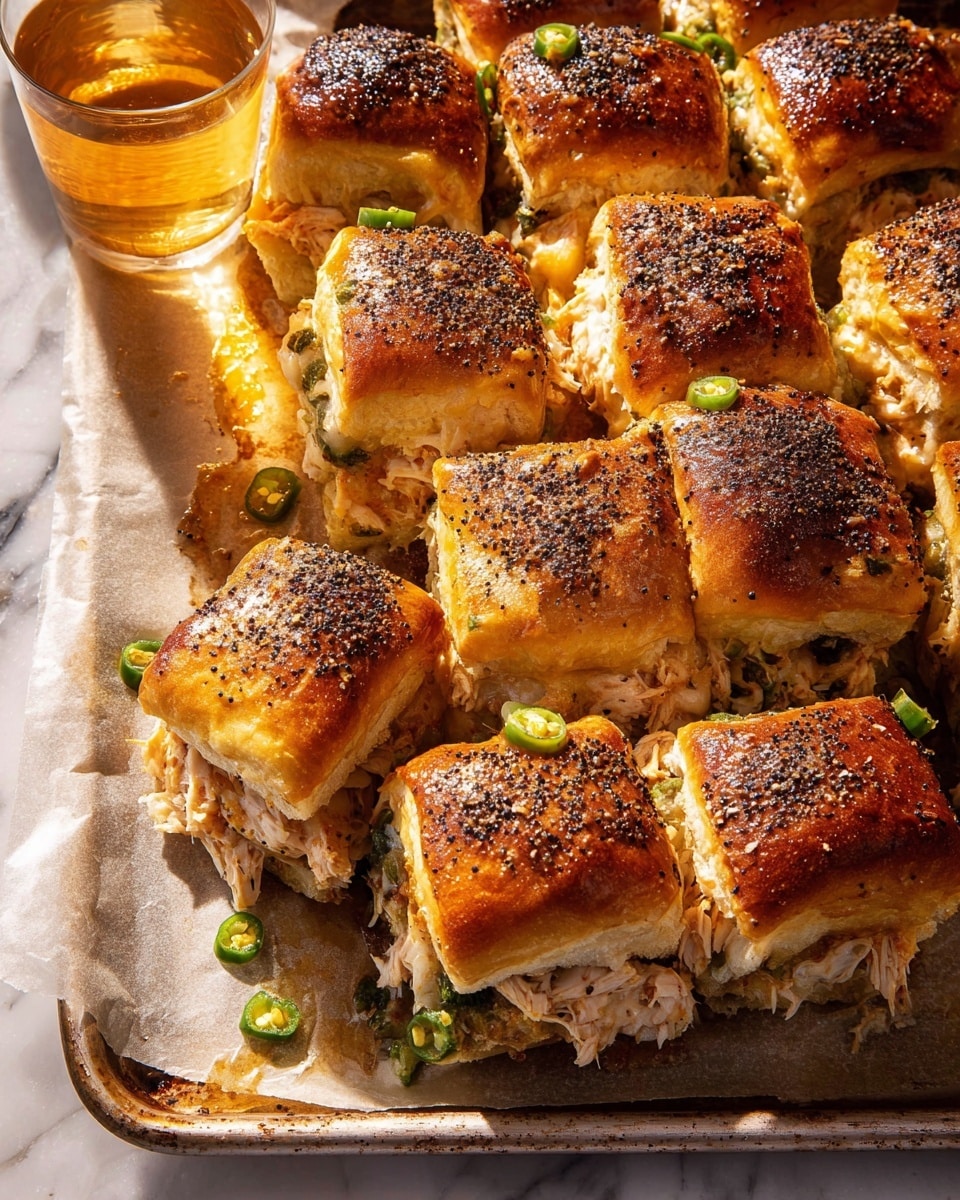 The image shows twelve square slider sandwiches arranged closely on parchment paper over a baking tray. Each slider has a shiny golden brown top crust sprinkled with black poppy seeds, some topped with small green sliced jalapeños. Inside, melted creamy cheese layers with pulled chicken and bits of green herbs or peppers are visible, oozing slightly out from the sides and bottom. The sliders have soft, fluffy buns with a slightly crispy toasted finish. To the upper left, there's a clear glass filled with a light amber drink, casting warm light on the sliders. The surface under the tray is a white marbled texture. Photo taken with an iphone --ar 4:5 --v 7