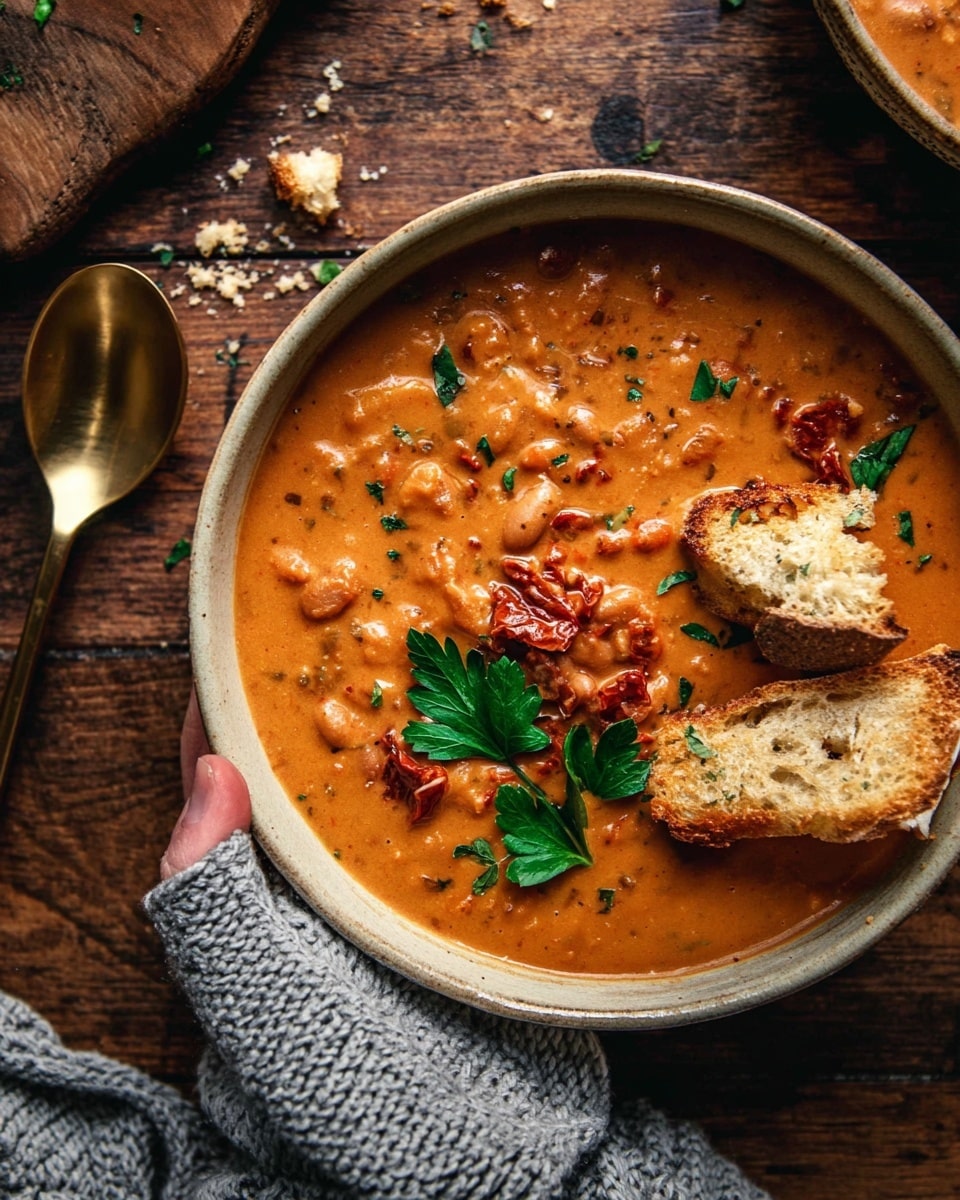 A close-up image of a beige bowl filled with thick, creamy tomato-based soup with visible chunks of beans and pieces of sun-dried tomato mixed throughout. On top of the soup, there are two green parsley leaves and two small pieces of toasted bread resting on the edge of the bowl. The bowl is placed on a dark wooden surface with crumbs scattered around, and there is a golden spoon beside it. A woman's hand is partially visible at the bottom of the frame, holding a chunky knit gray cloth. photo taken with an iphone --ar 4:5 --v 7