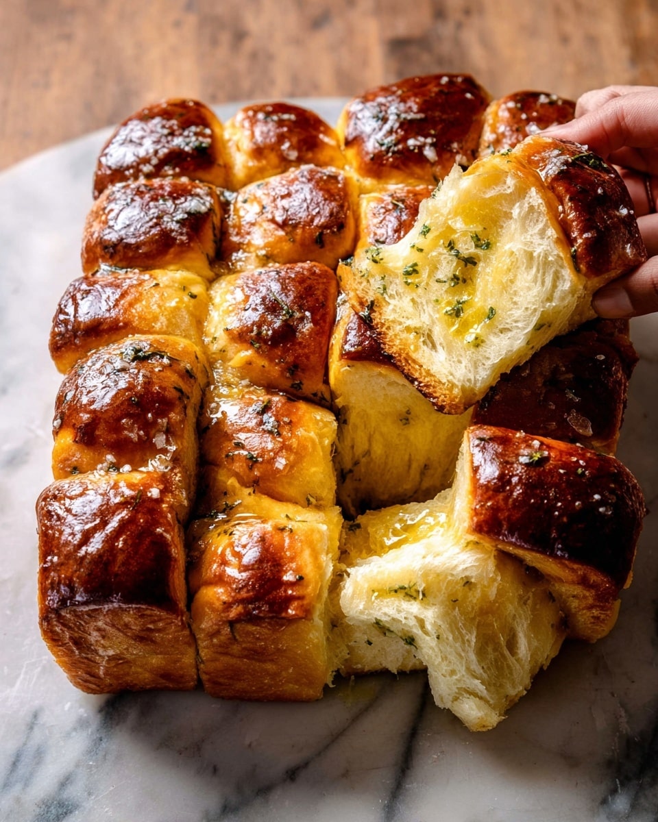 A close-up view of a baked pull-apart bread composed of about sixteen thick pieces arranged in a rough square shape. Each piece has a shiny, dark golden brown top with a soft, fluffy light yellow inside. There is a light spread of melted herb butter with small green flecks on the bread surface, adding a glossy look with some salt flakes sprinkled on top. The bread sits on a white marbled textured surface, and one piece is being gently pulled away by a woman's hand to reveal its soft spongy texture inside. Photo taken with an iphone --ar 4:5 --v 7