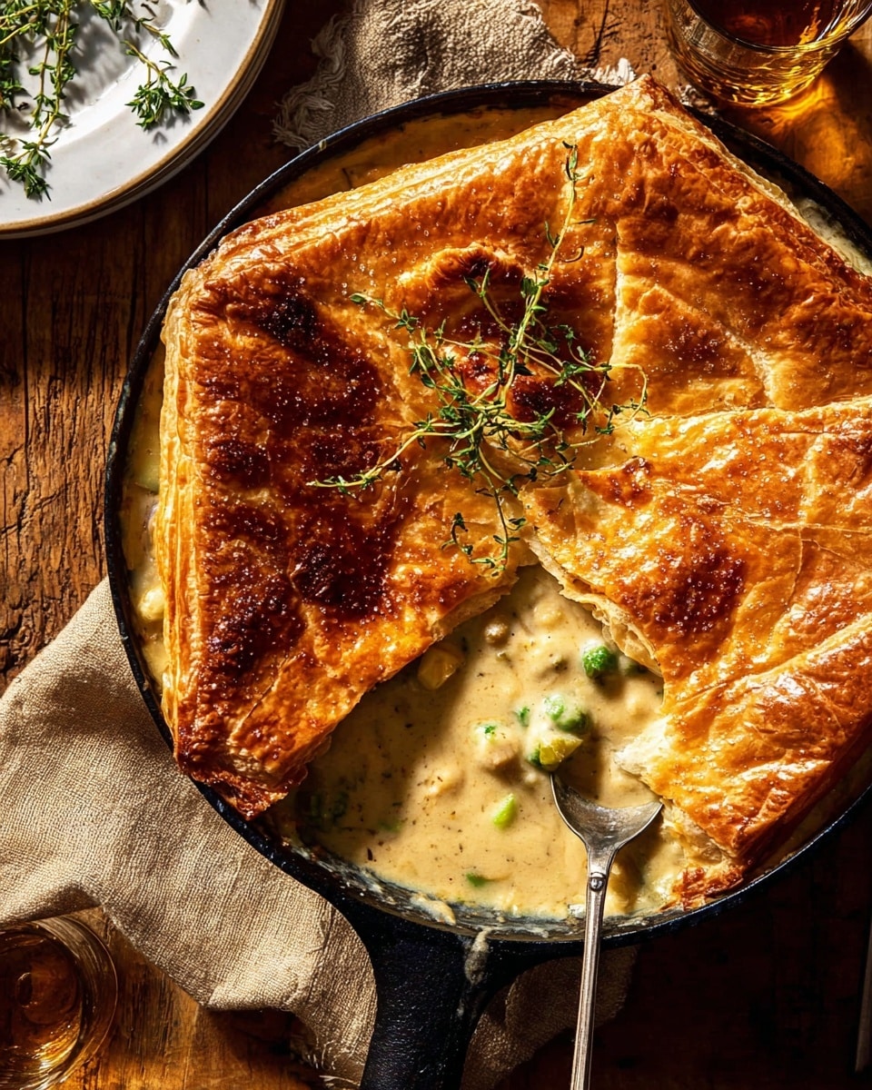 A black cast iron pan filled with creamy beige soup containing green broccoli pieces, covered with a golden brown puff pastry crust that looks flaky and crispy with a shiny, slightly oily finish; the crust shows a few slits for venting and small sprigs of fresh green herbs on top, sprinkled with coarse salt flakes. A silver spoon is partially dipped in the soup beneath the crust, which is slightly broken open to reveal the soup. The pan rests on a rustic wooden surface with a textured beige cloth under its handle, and a white plate with green herbs is partially visible at the top left with a glass of amber liquid at the top right. photo taken with an iphone --ar 4:5 --v 7