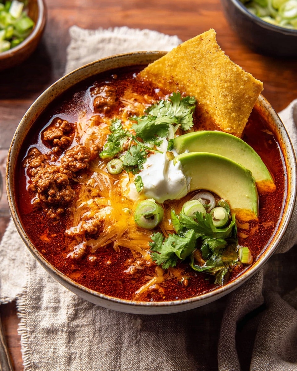 A round bowl filled with a rich, dark red chili stew forms the base layer, textured with bits of browned ground meat. On one side, melted yellow and orange shredded cheese partially covers the meat. A large, crisp tortilla chip, golden brown, leans against the side of the bowl. Fresh green slices of avocado and rings of light green scallions create the next layer on top, along with dollops of white sour cream. Bright green cilantro leaves are scattered across for garnish. The bowl sits on a wooden surface with a beige cloth nearby, but this should be replaced with a white marbled texture for the background. Photo taken with an iphone --ar 4:5 --v 7