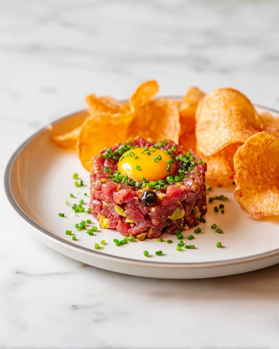 A white plate with a thin gray rim holds a round stack of steak tartare, made from finely diced raw beef mixed with small bits of black olives or capers, giving it a speckled look of red and black. The tartare is topped with a raw egg yolk, bright yellow and glossy, with finely chopped green onions scattered over it and the plate around. Behind the tartare is a small pile of light orange, crispy chips with undulating edges. A light-colored creamy sauce is spread beside the chips on the plate. The background is a white marbled texture. photo taken with an iphone --ar 4:5 --v 7
