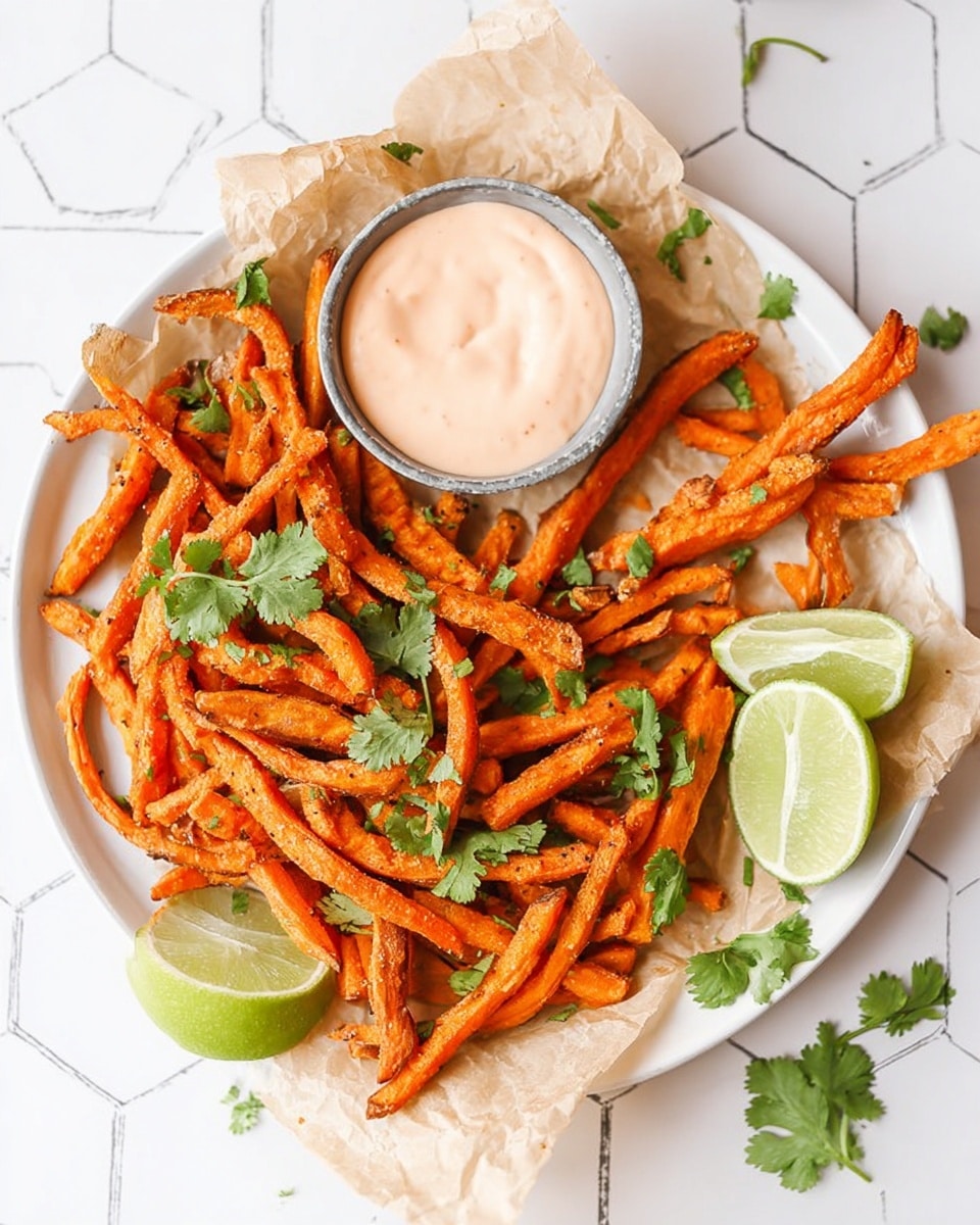 A white plate holds a layer of crumpled parchment paper, topped with a pile of orange sweet potato fries scattered unevenly. Bright green cilantro leaves are sprinkled across the fries and parchment paper. Near the center, there is a small round bowl filled with creamy light pink dipping sauce, with two sweet potato fries dipped inside. At the bottom right of the parchment paper, there are two lime wedges with a fresh green color. The plate rests on a white marbled surface with a hexagon tile pattern visible beneath. Photo taken with an iphone --ar 4:5 --v 7