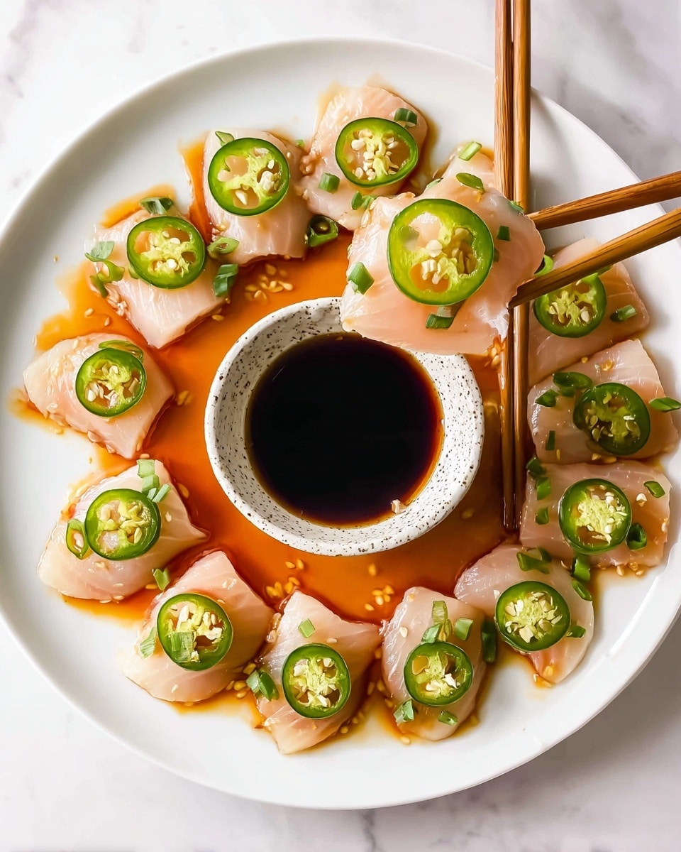 The image shows thin slices of light pink fish arranged in a circular pattern on a white plate, each piece topped with a bright green jalapeño slice. Beneath the fish slices, there is a layer of orange-brown sauce spreading around the plate. In the center of the plate, there is a speckled white bowl filled with dark soy sauce. On the right side, a pair of wooden chopsticks is seen holding one slice of fish with a jalapeño on top. The whole setup is on a white marbled surface. photo taken with an iphone --ar 4:5 --v 7