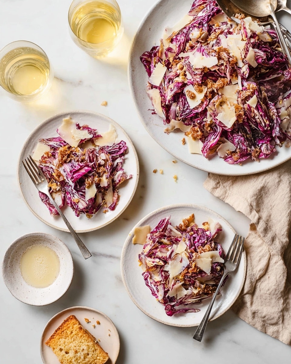 Three white plates are laid on a white marbled surface, each holding a salad made of torn layers of purple and white radicchio leaves mixed with crunchy golden-brown bits and thin, pale shavings scattered on top. The largest plate at the top right is piled high with the salad and has two silver spoons resting on the edge. Two smaller plates below and to the left each have a smaller serving, with one plate showing a black fork on the right side. Around the plates are glasses filled with a pale yellow liquid, a small bowl of light cream-colored sauce near the top left, and a small white bowl with a square piece of golden bread resting on a bed of crumbs at the bottom right, partly covered by a soft beige cloth. photo taken with an iphone --ar 4:5 --v 7