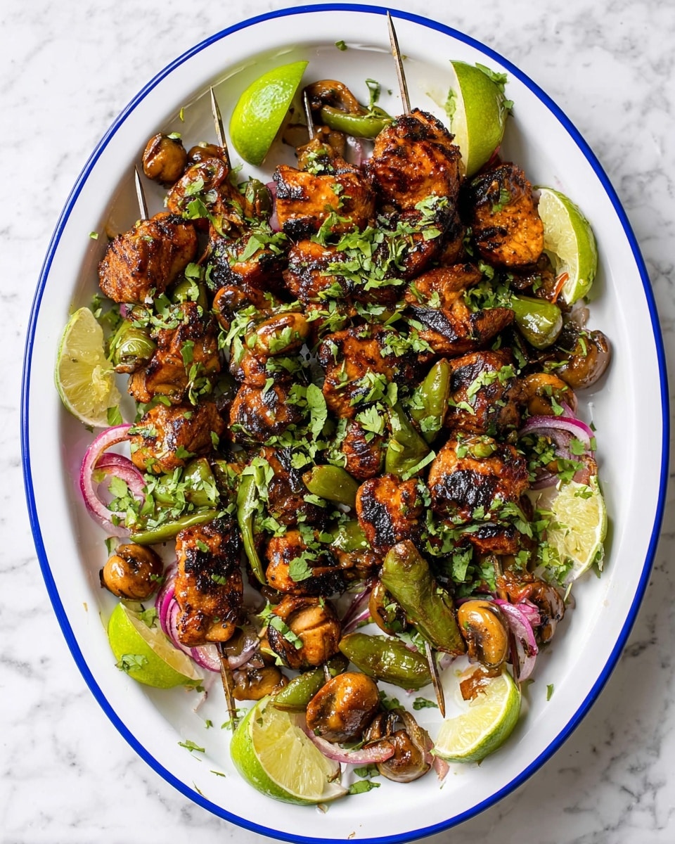 A white oval plate with a blue rim holds several skewers of grilled chicken pieces that are dark brown with char marks, mixed with whole green peppers and small browned mushrooms. Thin slices of reddish onion are scattered throughout. Fresh chopped green herbs and cilantro leaves are sprinkled on top. Bright green lime wedges are placed around the edges of the plate. The plate sits on a white marbled background. Photo taken with an iphone --ar 4:5 --v 7