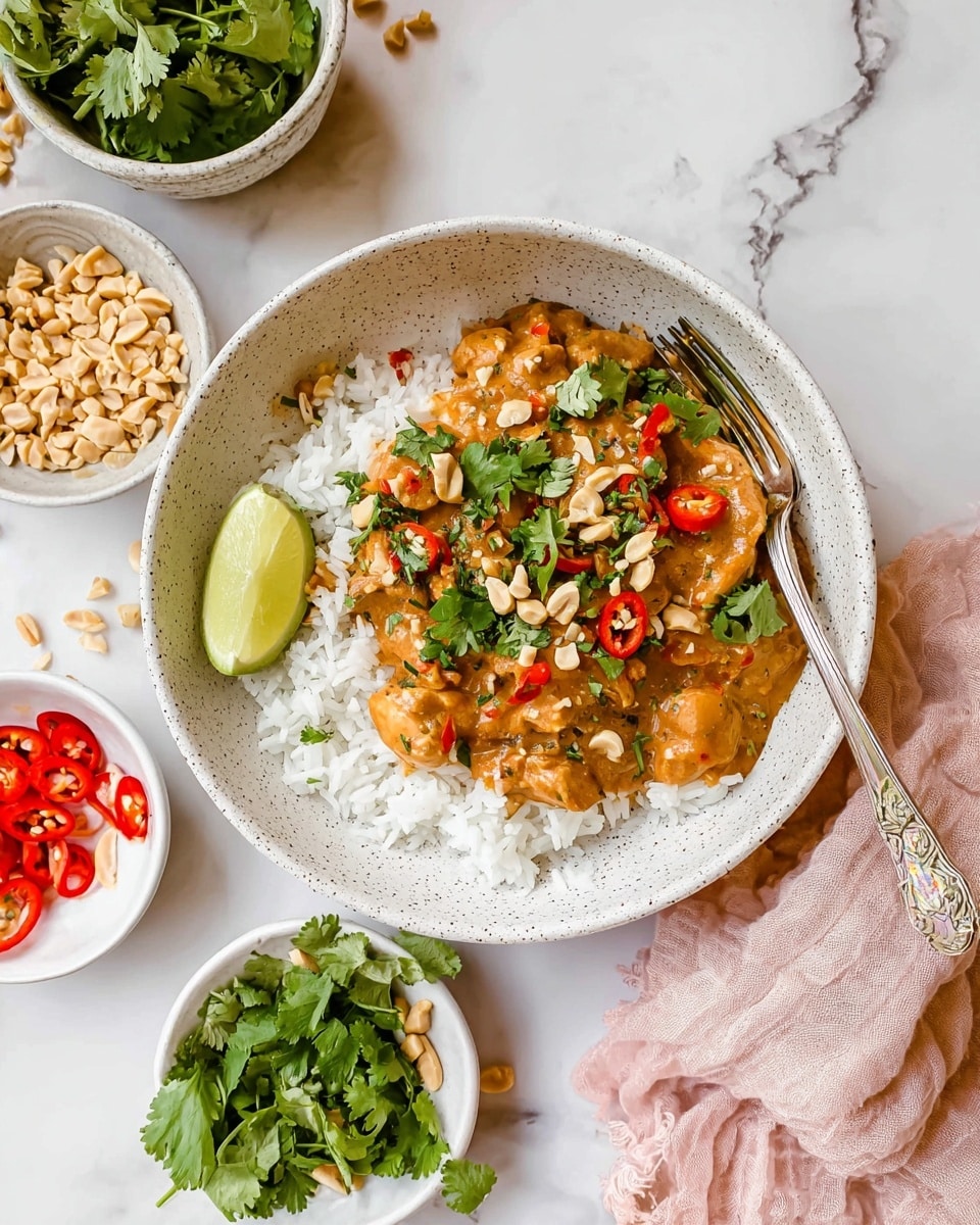 A white speckled bowl holds a base layer of plain white rice topped with a thick, creamy peanut sauce filled with tender chicken pieces. The sauce is garnished with bright green cilantro leaves, chopped nuts, and slices of red chili peppers, adding pops of color and texture. A small lime wedge is placed on the edge of the rice for a fresh touch. A silver fork rests inside the bowl, partially buried in the food. Surrounding the bowl are small white dishes containing fresh cilantro, chopped peanuts, and sliced red chilies on a white marbled surface with a light pink cloth nearby. Photo taken with an iphone --ar 4:5 --v 7