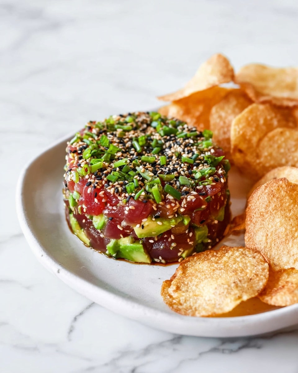 A round mound of diced raw fish mixed with small green avocado cubes forms the base layer, topped with a sprinkling of white and black sesame seeds and chopped green onions giving a textured flood of green and specks of black and white. The mound sits on a white round plate surrounded by unevenly shaped light golden brown crispy chips. The plate rests on a white marbled surface. Photo taken with an iphone --ar 4:5 --v 7
