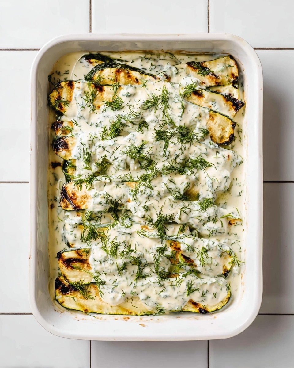 The image shows a white rectangular baking dish filled with one layer of grilled zucchini slices that are light green with charred dark brown grill marks. The zucchini is covered with a thick layer of creamy white sauce mixed with small green herb bits, and fresh chopped dill sprinkled generously on top, adding a bright green contrast. The dish sits on a white marbled surface with square tile lines in view. photo taken with an iphone --ar 4:5 --v 7