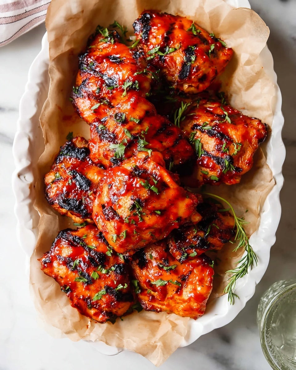 A white oval plate lined with crumpled parchment paper holds nine pieces of grilled chicken thighs. Each piece of chicken is covered with a bright red sauce that has a shiny, sticky texture and is charred in parts with dark black grill marks. The chicken pieces are sprinkled with fresh, chopped green herbs, adding a pop of color. The plate sits on a white marbled texture surface, with a glass cup partially visible in the background. photo taken with an iphone --ar 4:5 --v 7