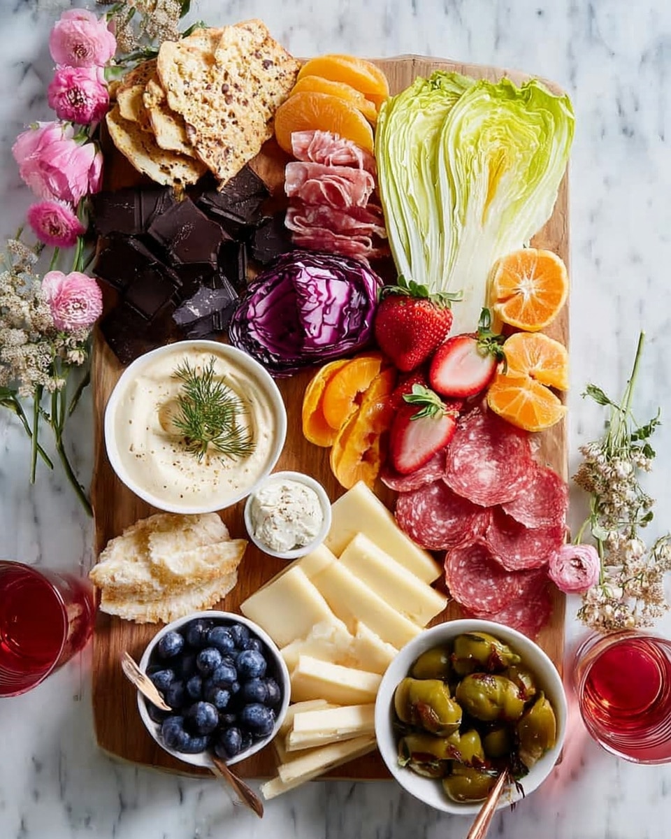 A large wooden board holds a colorful arrangement of food on a white marbled surface. Starting from the top left, a small stack of toasted flatbread is placed alongside dark purple chocolate clusters and a block of cheese. Next to it, pale green and yellow endive leaves fan out from a white bowl filled with creamy dip, garnished with a small sprig of dill. Bright orange halved mandarins, thin slices of pink prosciutto, and leafy radicchio add vibrant colors near the center. Fresh strawberries, both whole and sliced, sit near a row of pale white rectangular cheese slices. In the bottom left, two white bowls are filled with light cream cheese spread and rich blue blueberries, each with a small spoon. Thinly sliced red salami is layered next to a white bowl of green olives and some stacked pale crackers. The whole presentation is accented with a few sprigs of dried flowers and small glasses of red and golden liquids around the board. photo taken with an iphone --ar 4:5 --v 7