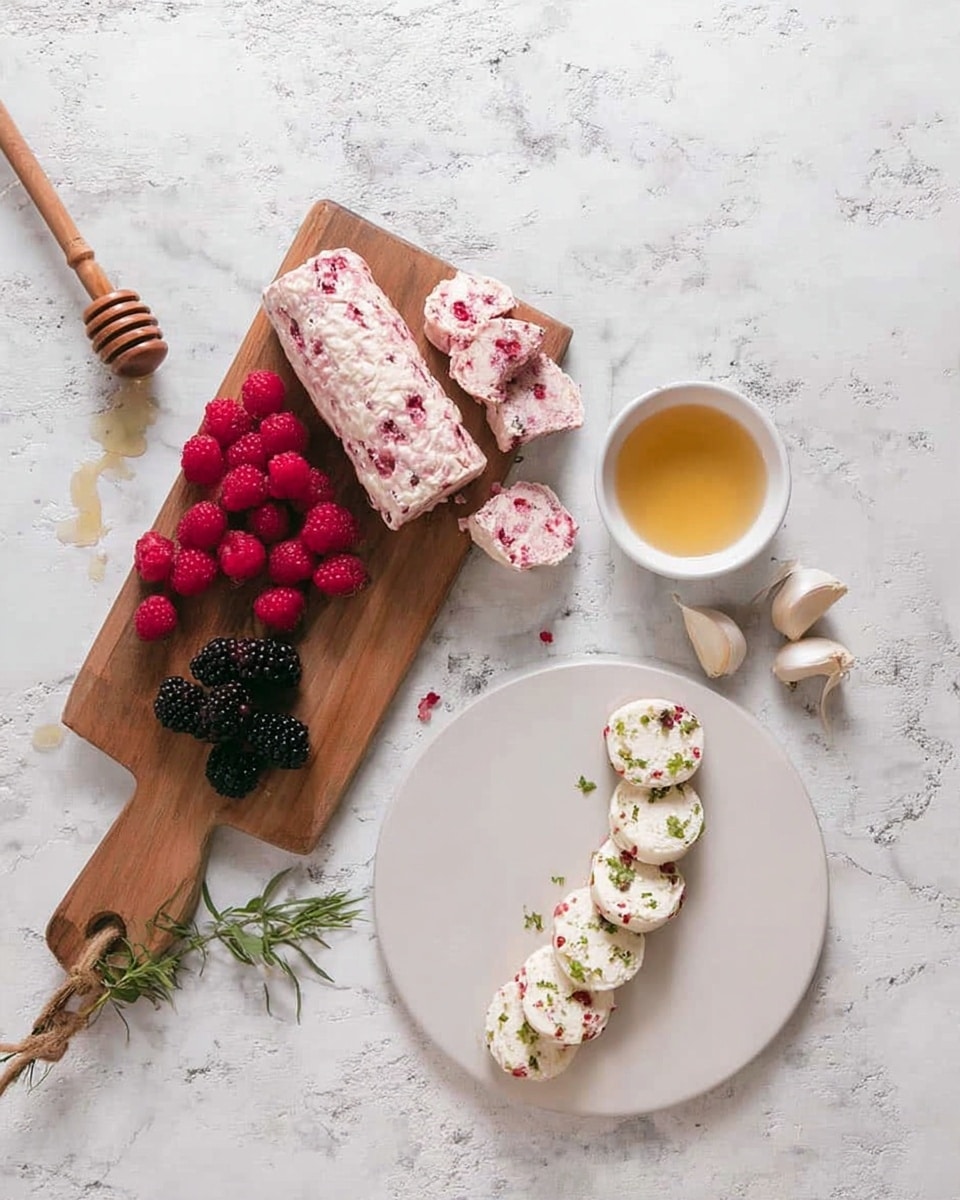 A white wooden board holds a log of pink and white cheese with red berry bits, partially sliced into thick pieces, next to a small cluster of fresh red raspberries on the left side. Below the board are three shiny blackberries and a small white bowl filled with light golden honey. To the right, a round white plate shows a curved line of white cheese rounds with green herbs, garnished with green sprigs placed on a white marbled surface. Scattered around are three garlic cloves adding natural detail. photo taken with an iphone --ar 4:5 --v 7