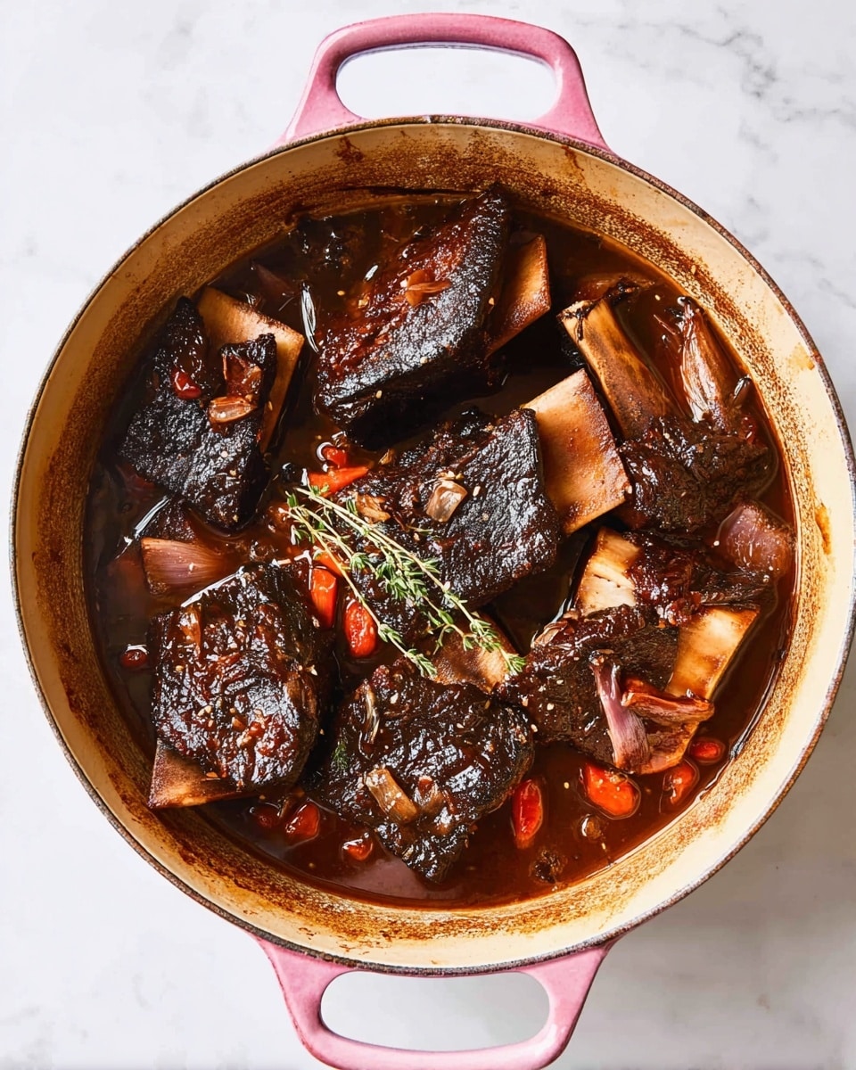 A top view of a pink cast iron round pot filled with braised beef short ribs in a rich dark brown sauce, showing several large dark brown meat pieces with visible texture and some thick white bone segments, scattered with small round orange carrot slices and light brown onion pieces, as well as sprigs of thyme resting on top. The pot is placed on a white marbled surface with some stains on the inner edges of the pot. Photo taken with an iphone --ar 4:5 --v 7