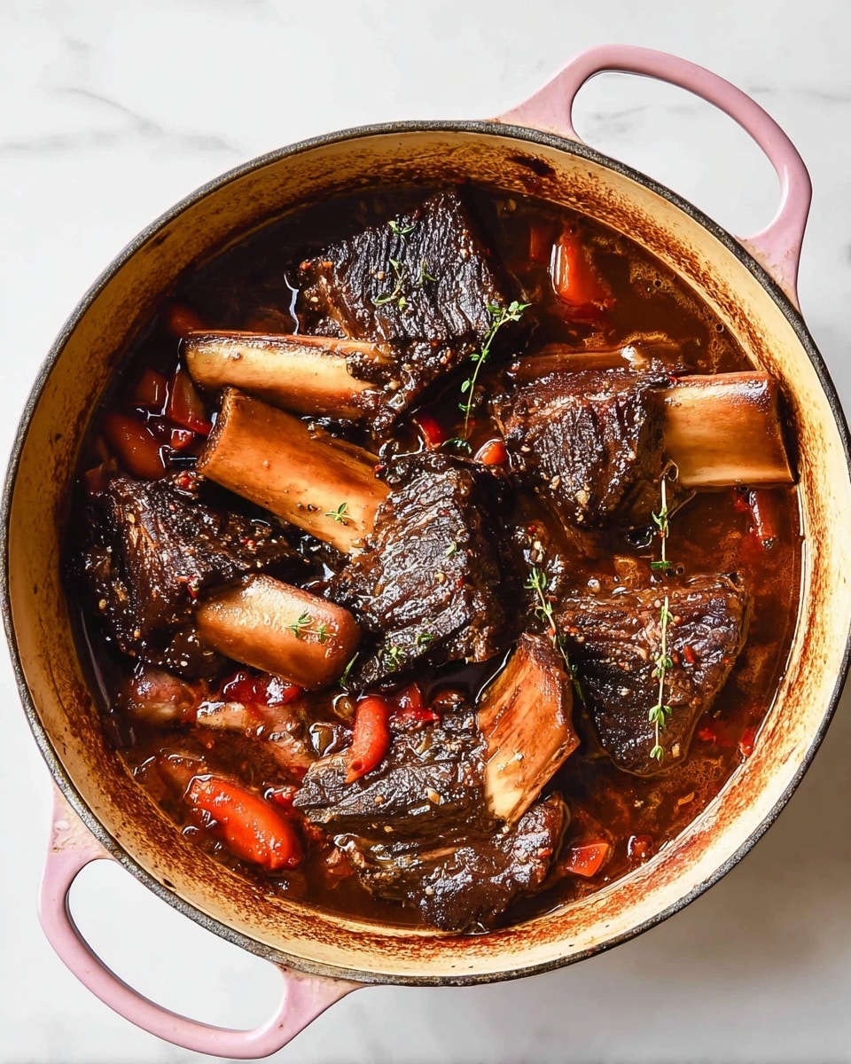 A round pink pot with two handles holds a rich braised beef dish on a white marbled surface. The dish has several large chunks of dark brown, tender beef with visible texture, mixed with long, light brown bones that have a slightly rough surface. Scattered among the meat and bones are small, round bright red pieces, likely cooked vegetables, along with slices of orange carrots. Thin sprigs of herbs rest gently on top, floating in a deep brown, glossy broth that fills the pot halfway, with slight bubbling around the edges. The pot rim shows a gradient of caramelized brown from cooking. Photo taken with an iphone --ar 4:5 --v 7