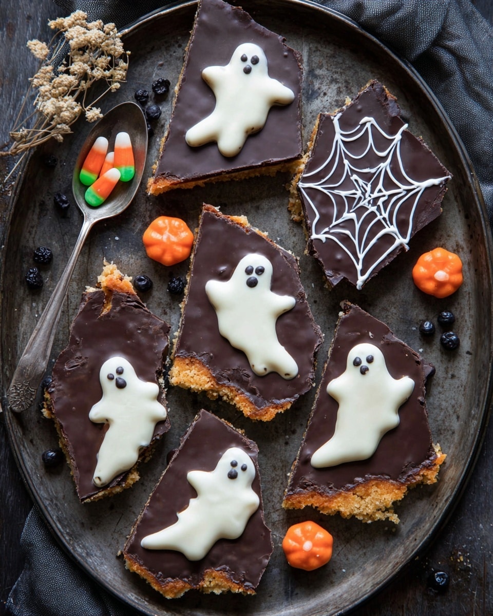 The image shows several pieces of chocolate bark cut into different shapes laid out on a dark metal tray. Each piece has three visible layers: a bottom crumbly, golden brown base, a smooth, dark chocolate middle layer, and a top layer made of creamy white chocolate shaped like cute ghost figures with small black eyes. The ghosts stand out well against the dark chocolate. There is one piece with a white spider web design instead of a ghost. Around the tray, small orange and green sugary candies shaped like pumpkins add color. Near the edge, a silver spoon holds two pumpkin candies and some small black beads, while some dried flowers lie nearby. The overall look is festive and spooky, perfect for Halloween, with a contrast between rich dark chocolate and white ghost designs. Photo taken with an iphone --ar 4:5 --v 7