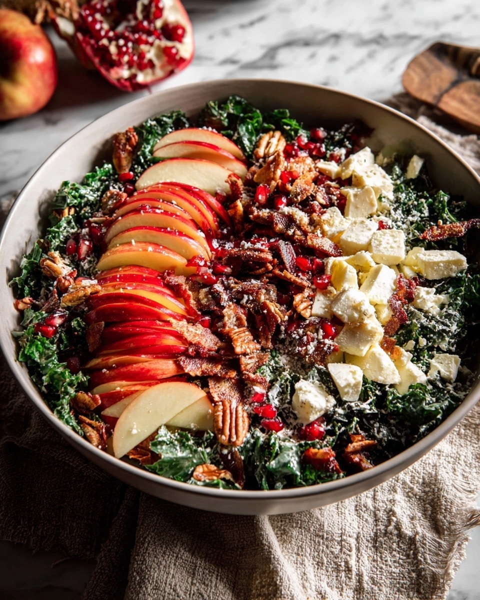 A large white bowl filled with a colorful salad sits on a white marbled surface with a textured cloth partly under it. The salad has several layers starting with dark green kale leaves covering the bottom. On top, thin, curved red apple slices with white flesh are placed in sections. Scattered over the salad are small red pomegranate seeds and toasted brown nuts, including pecans and pumpkin seeds. There are also chunks of creamy white cheese with a soft texture placed evenly across the salad. Some finely grated white cheese or similar topping is sprinkled over everything, adding a light dusting. The salad is finished with a drizzle of dressing, visible as a slight shine over the ingredients. Photo taken with an iphone --ar 4:5 --v 7