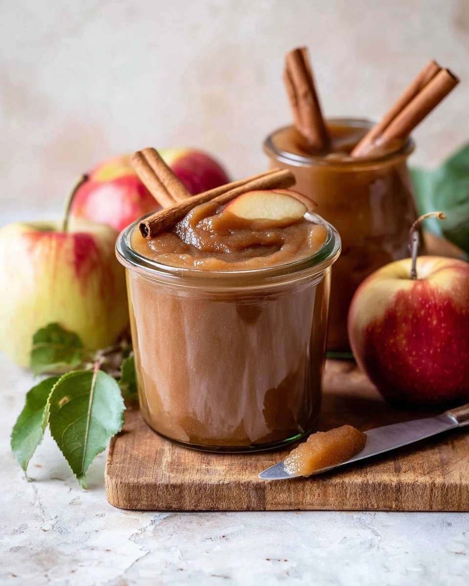 A clear glass jar filled with a smooth brown apple sauce topped with soft apple slices, garnished with two cinnamon sticks resting on the jar's edge, next to a smaller jar of the same apple sauce on a wooden board. Beside the jars are red and yellow apples with green leaves, and a knife with some apple sauce on its tip lies on the board. The background is a white marbled texture. photo taken with an iphone --ar 4:5 --v 7