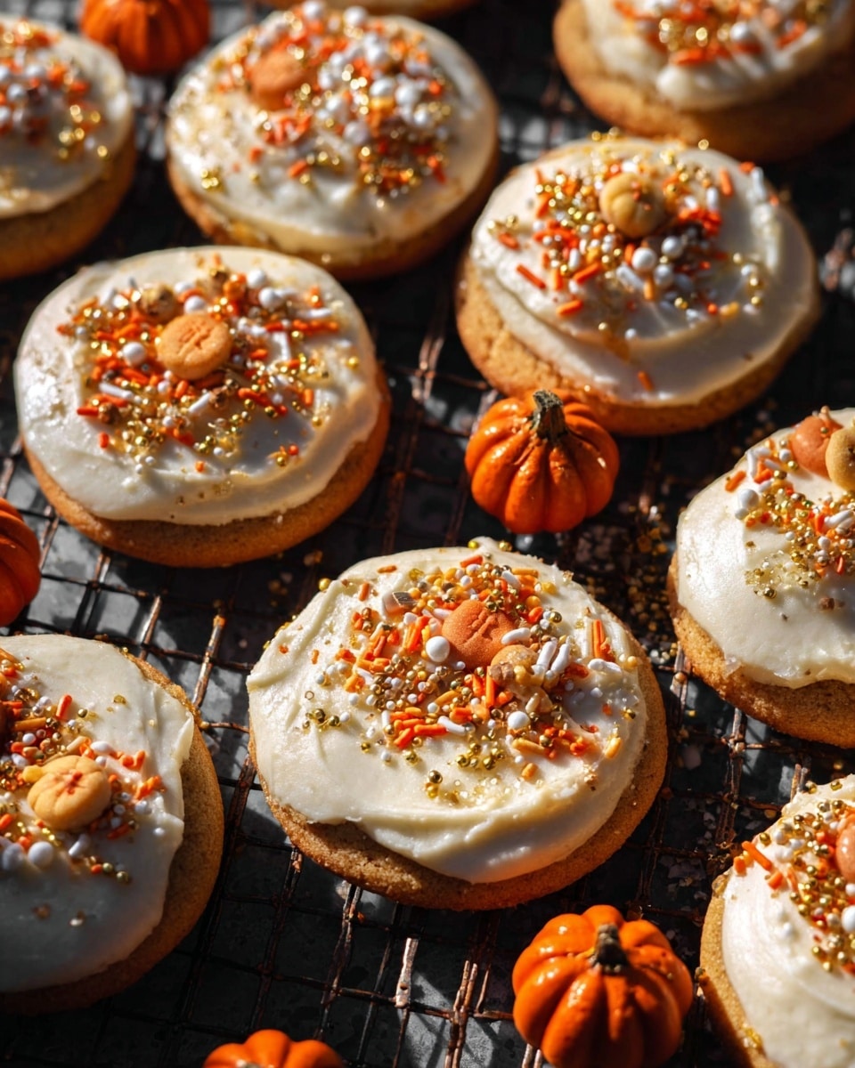 This image shows round cookies laid out on a dark cooling rack with a white marbled background barely visible. Each cookie has two clear layers: a golden brown base that looks soft and slightly crumbly, topped with a thick, creamy white frosting spread unevenly. The frosting is decorated with colorful sprinkles in orange, white, and gold shades, along with tiny round and pumpkin-shaped edible decorations that add texture and a festive feel. Scattered around the cookies are small orange decorative pumpkins that contrast with the cookies’ light frosting. The lighting casts warm highlights and shadows, creating a cozy, inviting look. photo taken with an iphone --ar 4:5 --v 7