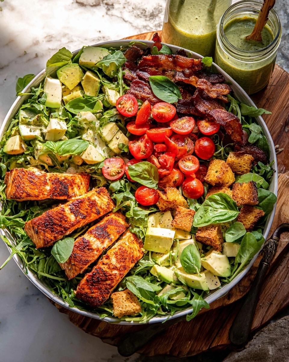 A large white bowl filled with a colorful salad on a wooden stand resting on a white marbled texture surface. The salad has a base layer of fresh dark green arugula leaves with scattered light green lettuce pieces. On top are five grilled salmon pieces with a golden-brown crust and grilled marks, placed evenly around the bowl. Halved bright red cherry tomatoes sit in the center, surrounded by small cubes of white cheese. Sliced creamy green avocado fans out on two sides, with golden brown croutons sprinkled throughout. Crispy, dark reddish-brown bacon strips are placed in two sections on the salad. Fresh green basil leaves are scattered over the top. On the side, there is a glass jar of green dressing with a spoon inside and a wooden spoon resting on the bowl's edge. The photo taken with an iphone --ar 4:5 --v 7